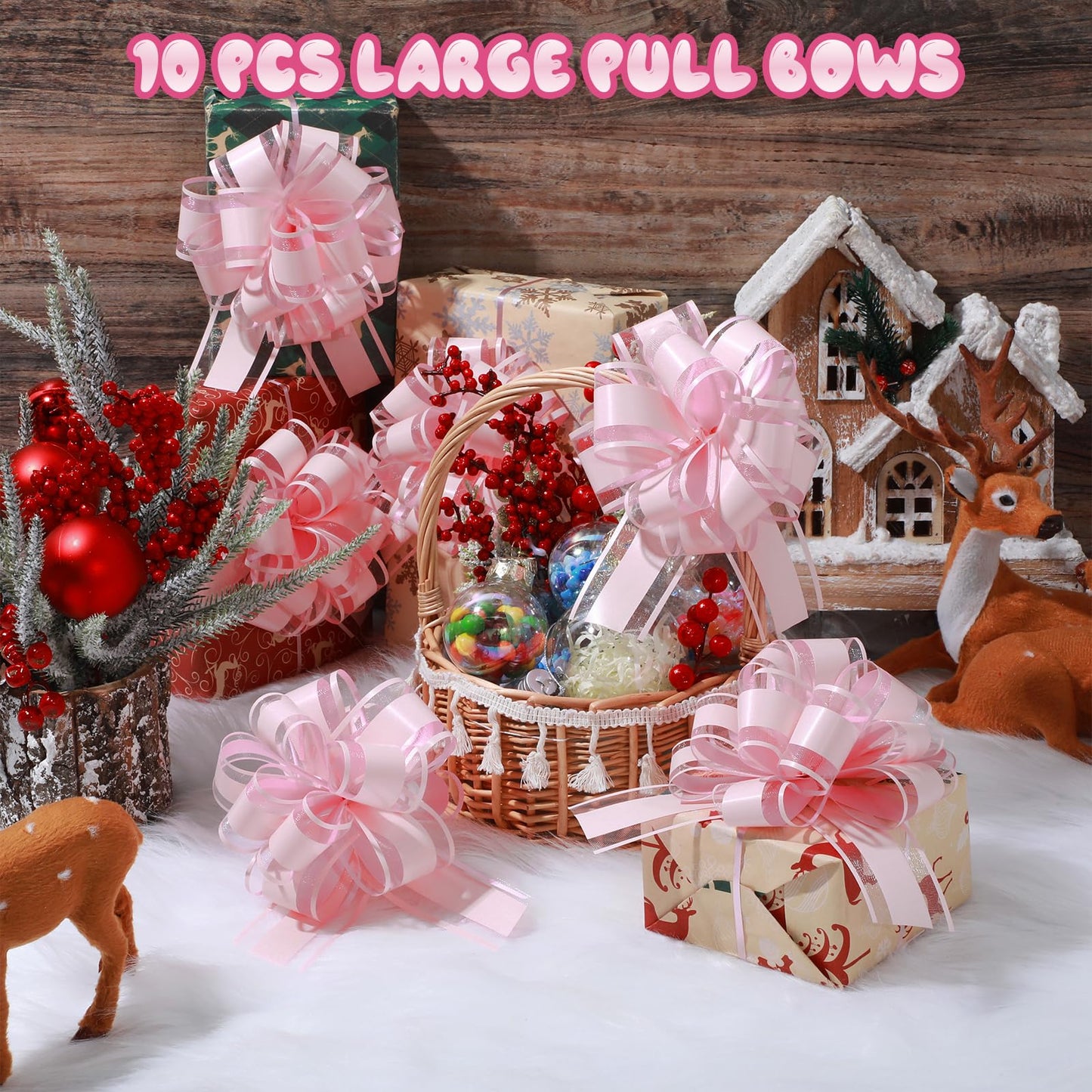 WILLBOND 10 Pcs Large Christmas Pull Bows Gift Wrapping 6 Inch Pull Bows for Christmas Party Birthday Wedding Baskets Xmas for Gift Wrapping Decorations(Lotus Root Pink)