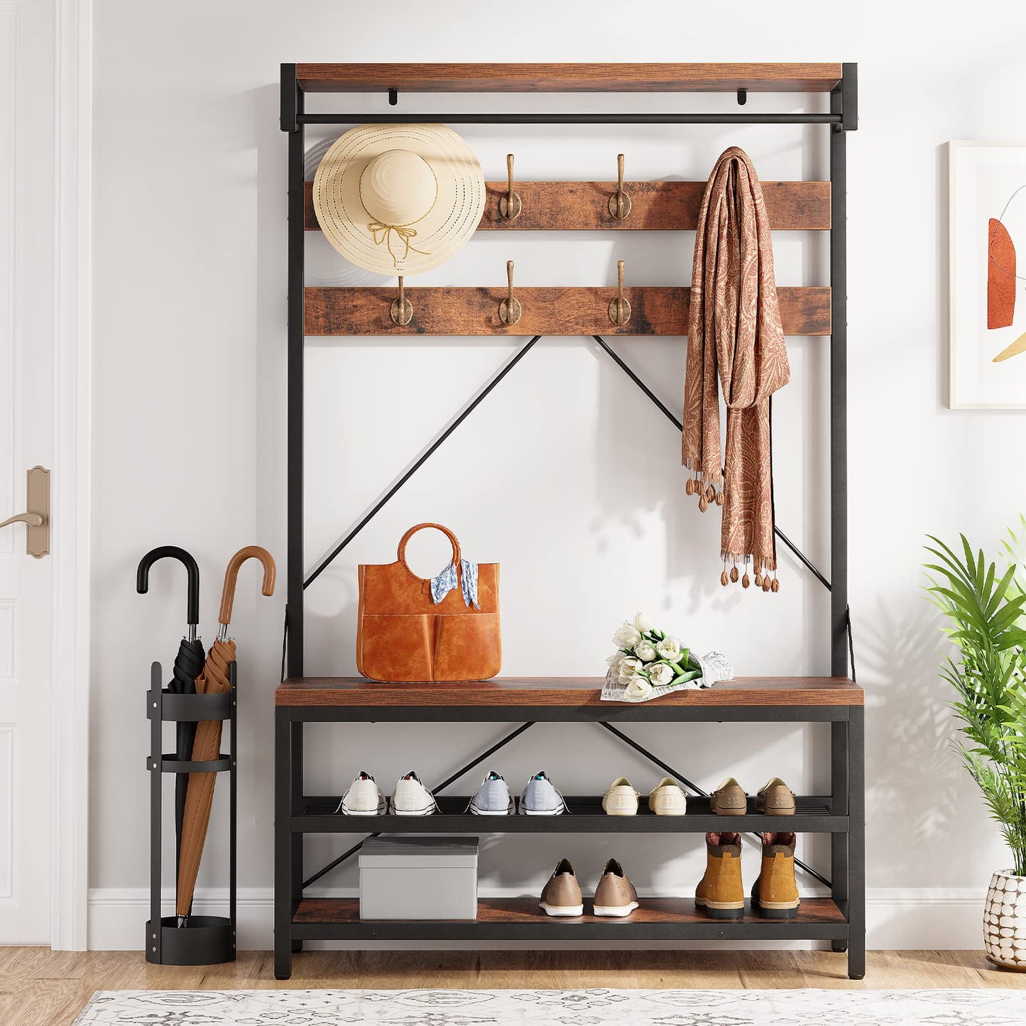 IDEALHOUSE Coat Rack Shoe Bench Industrial Hall Tree Storage Bench for Entryway, Wood Look Accent Large Shoe Rack with Storage Shelf Hanging Bar,8 Hooks Rustic Brown 39.9"x15.7"x72"
