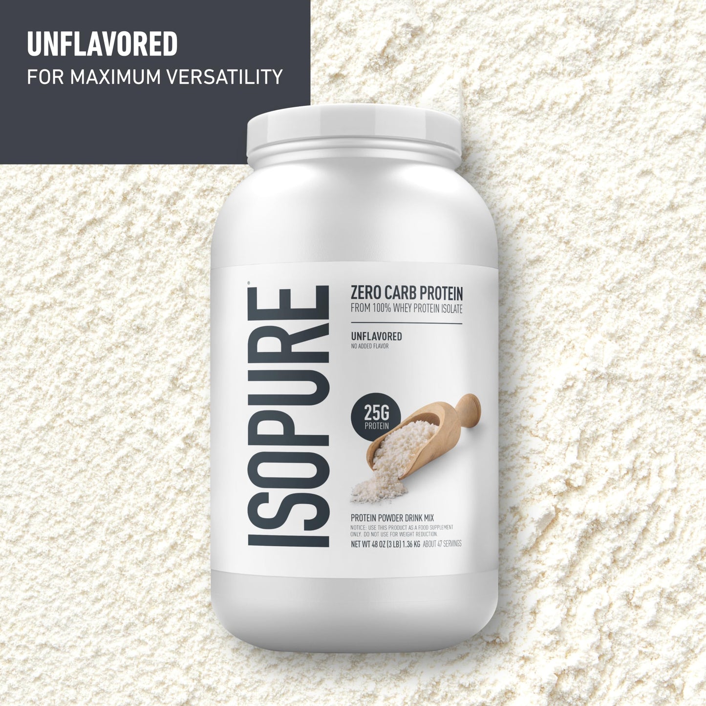 Isopure Zero Carb 100% Pure Whey Isolate Protein Powder, Lactose Free, Gluten Free, with Vitamins, Unflavored, 25g Protein Per Serving, 3 Lbs, 47 Servings (Packaging May Vary)