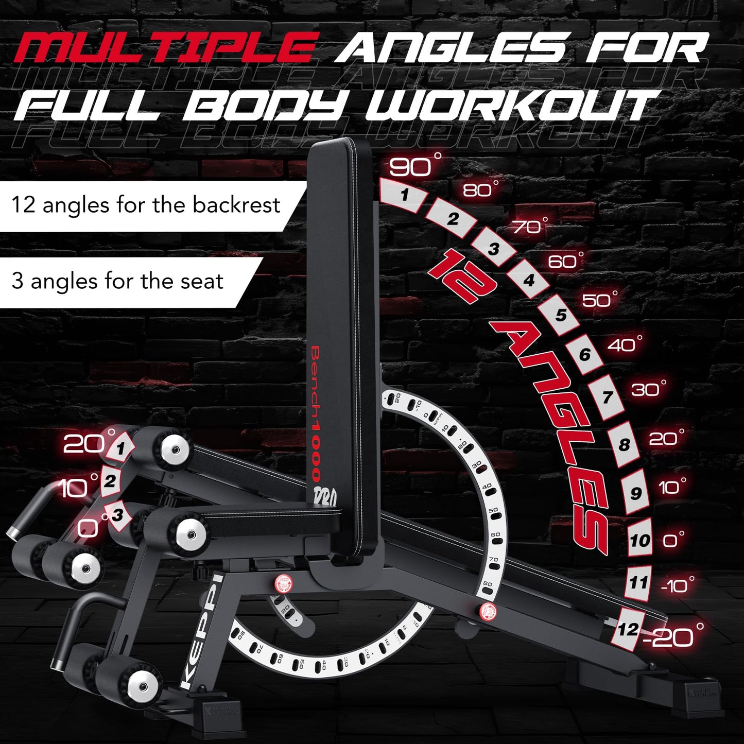 Keppi 1200LB Weight Bench, Heavy Duty Bench1000 PRO Adjustable Workout Bench Press Set for Home Gym Strength Training, Removable Foot Catch for Incline Flat Decline Sit Up Bench for Full Body Fitness