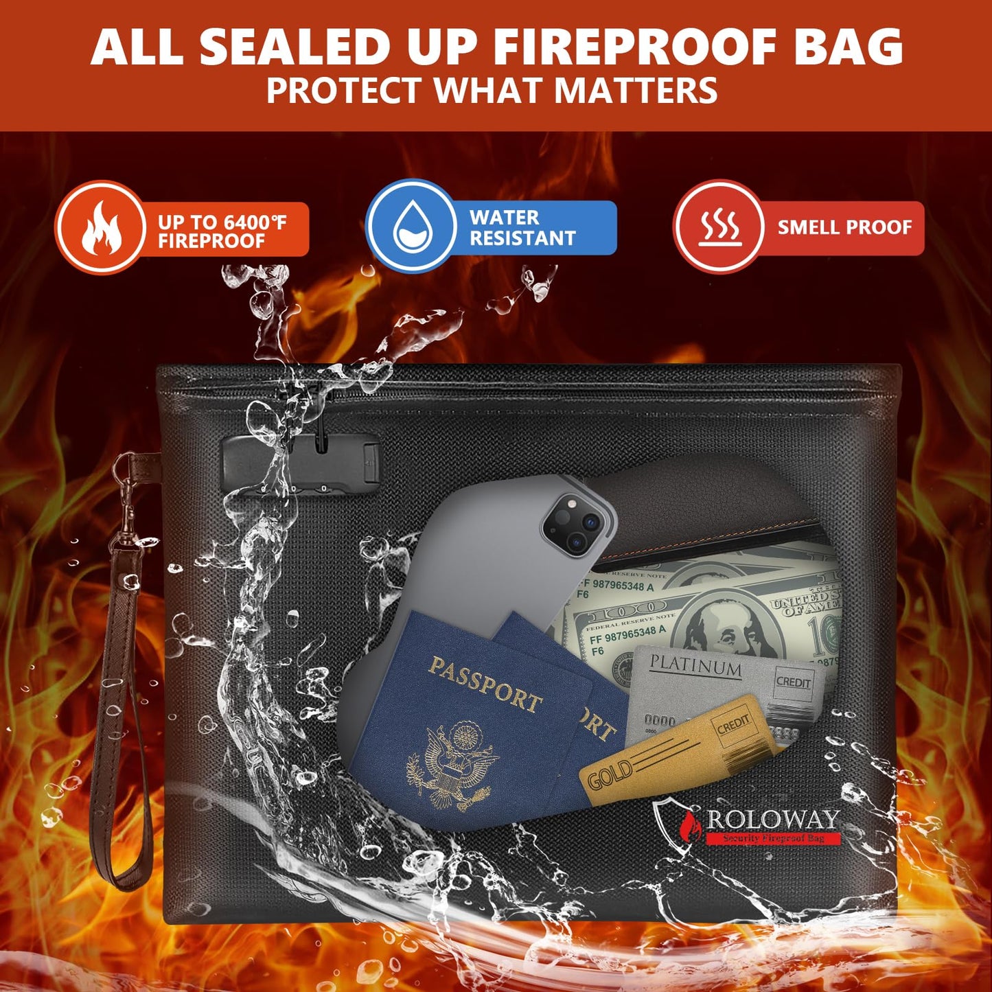 ROLOWAY Fireproof Document Bag (14.5 x 11.5 inch), 6400℉ Fireproof Money Bag with Zipper for Cash, Fireproof Bag Money Pouch, Fire Safe Cash Bag Banker Bag, Smell Proof Bag Money Bag with Lock (Black)