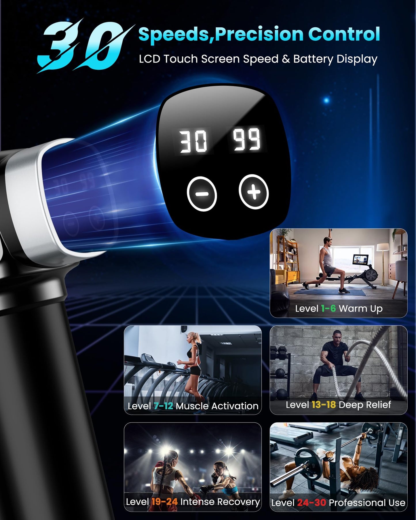 CAMEFER Deep Tissue Massage Gun, Portable Percussion Electric Muscle Massager for Pain Relief, Handheld Massagers with 30 Speeds & 6 Attachments for Back and Neck, Gifts for Men Women