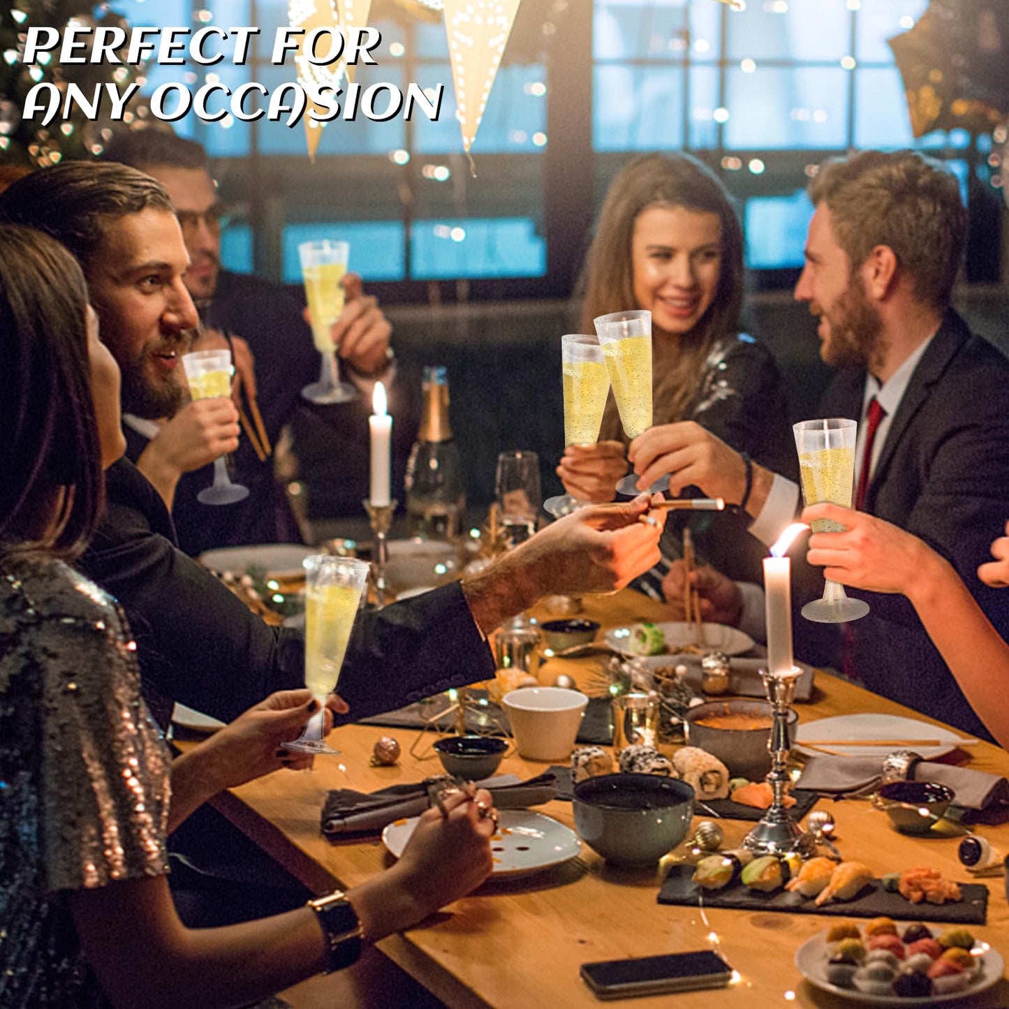 SUREHOME Champagne Flutes Plastic 100 Pack Gold Glitter Champagne Glasses Disposable Mimosa Glasses 5.5 Oz Sparkle Clear Acrylic Wedding Toasting Glasses Bulk for Party Bar Accessories Cocktail Cups