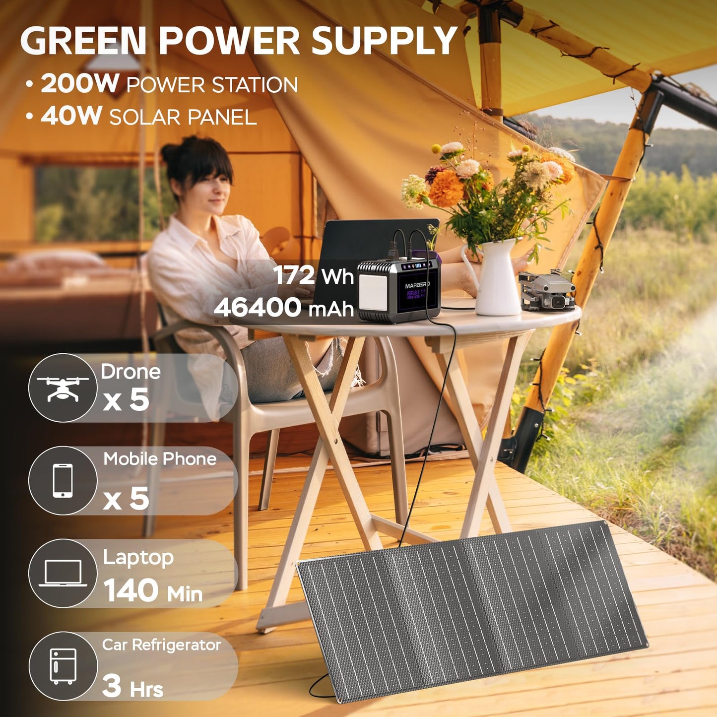 MARBERO 172Wh Solar Generator with Solar Panel Included Portable Power Station 200W with Foldable Solar Panel 40W Set for Camping Outdoor Hiking Fishing Emergency