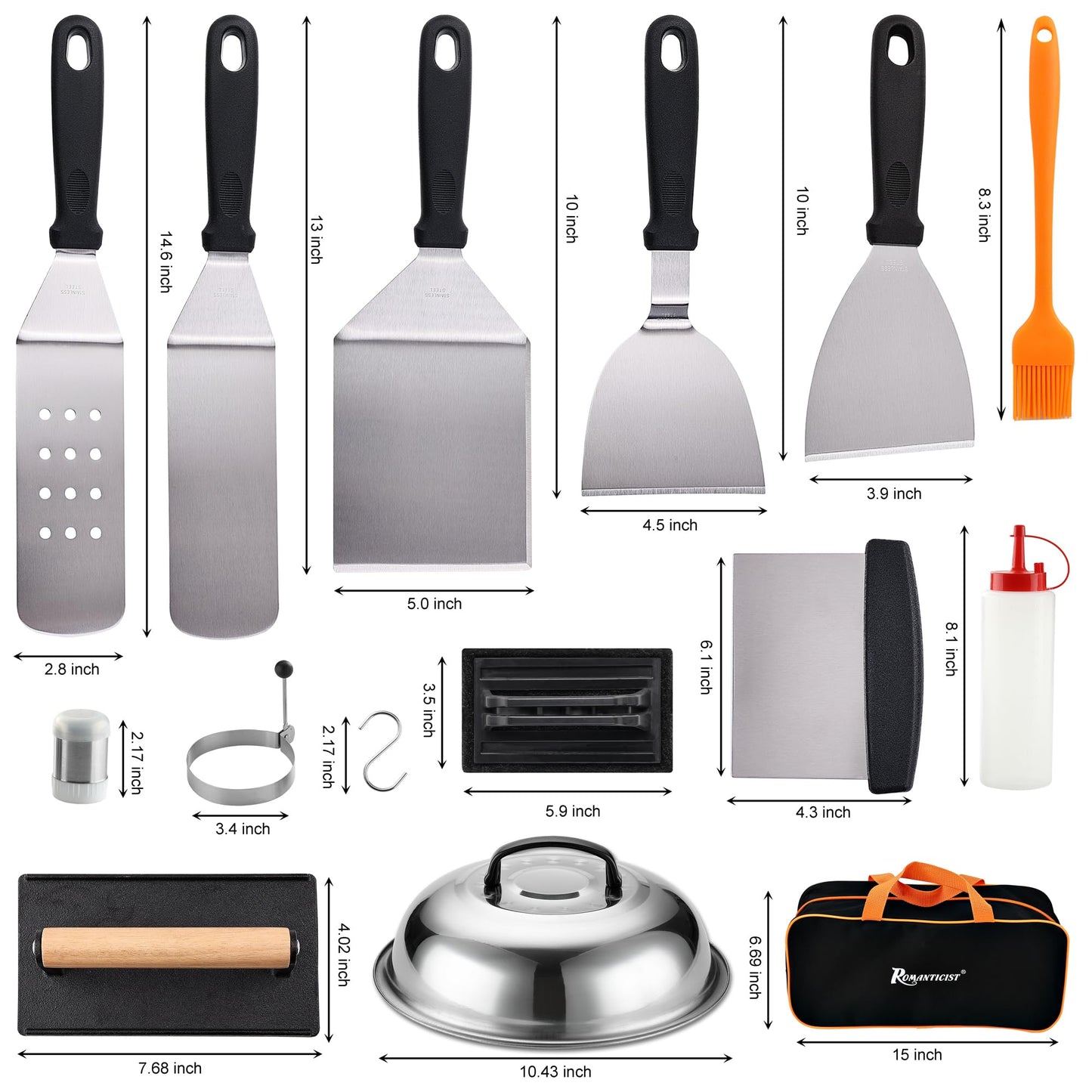 ROMANTICIST 29PCS Griddle Accessories Set - Flat Top Teppanyaki Spatula Set with Scraper, Basting Cover for Camp Chef- Home Cooking Griddle and Outdoor BBQ Gifts for Christmas