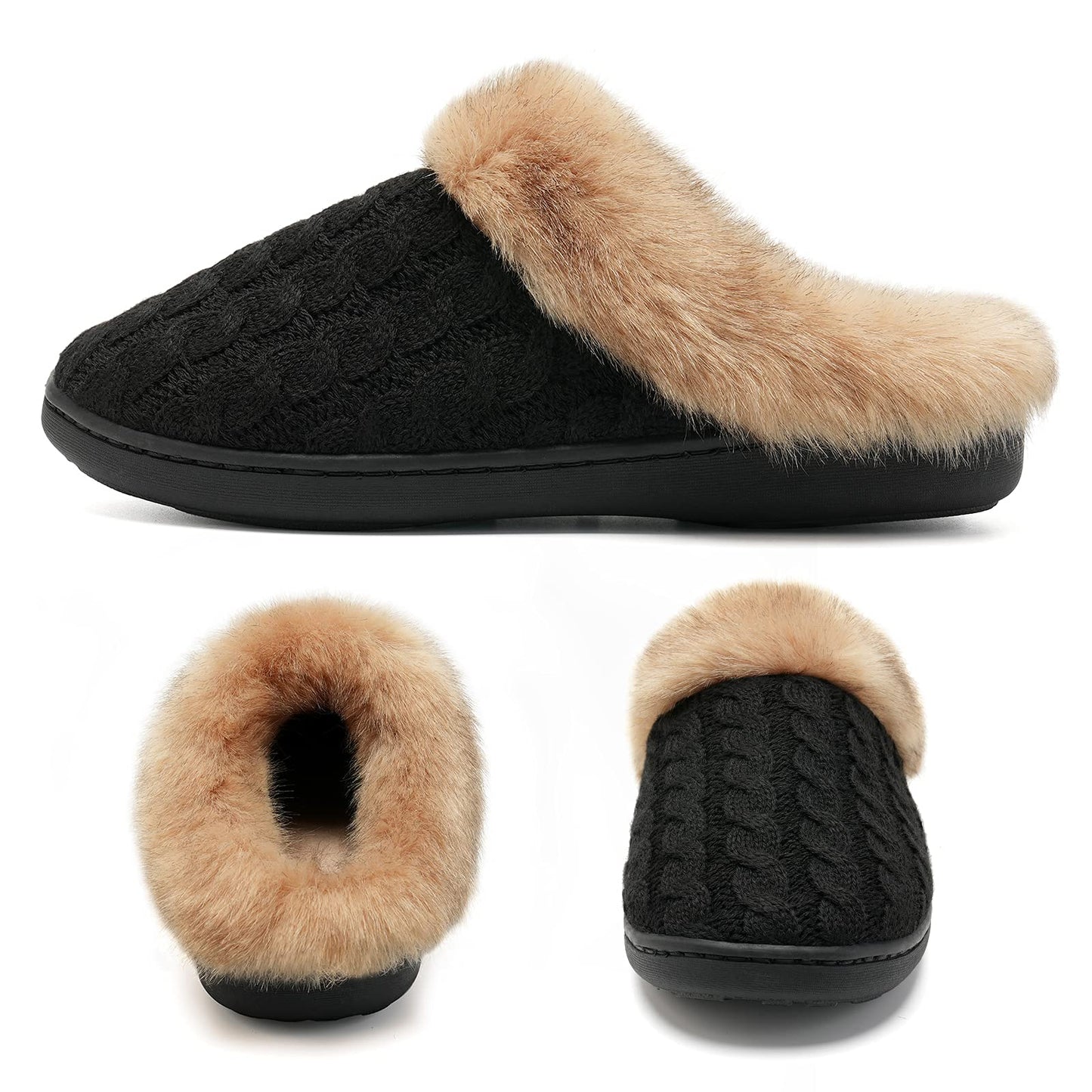 WateLves Slippers for Women Memory Foam Knitted Fur Collar House Shoes Anti-Skid Sole for Indoor & Outdoor (Black, 38/39)