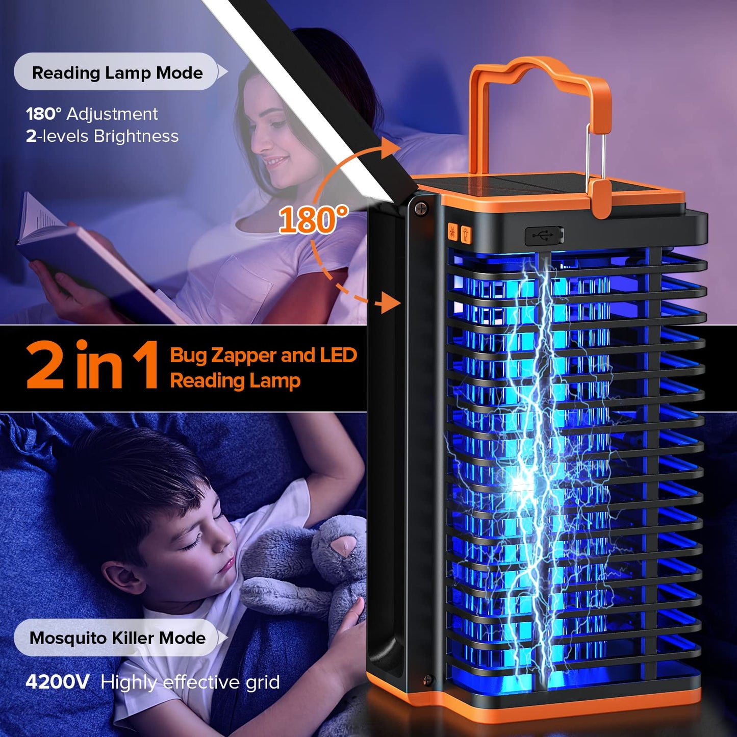 Kiies Solar Bug Zapper Outdoor,2 in 1 Mosquito Zapper Cordless & Rechargeable, 4200V Portable Fly Zapper Insect Trap with Reading Lamp for Camping Patio Backyard Garden