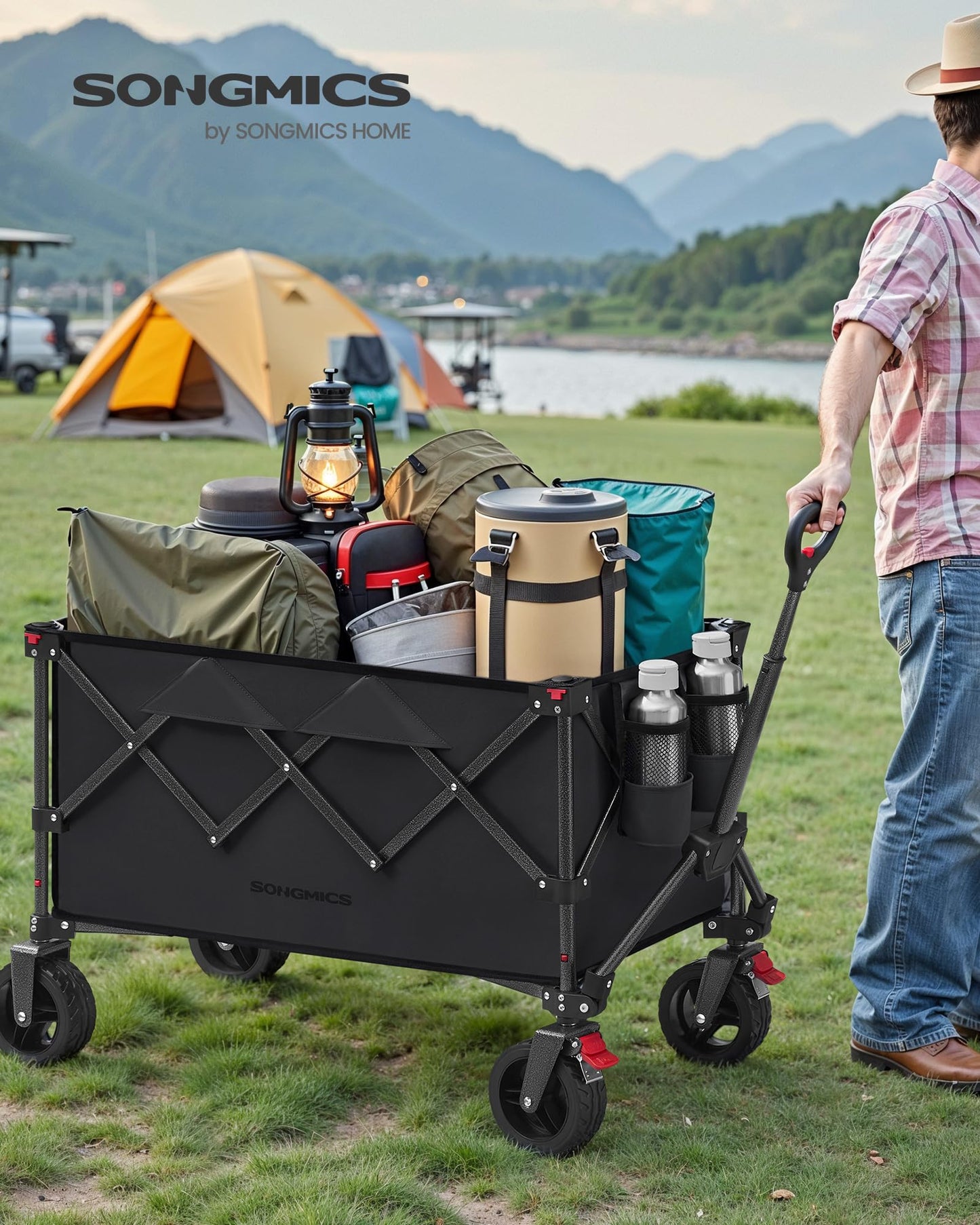 SONGMICS 40-Gallon Collaspible Wagon, Wagons Carts Foldable, for Camping Garden Outdoor, with Handle, Holds up to 330 lb, 4 Removable Wheels, Space-Saving, Ink Black UGFW115B01