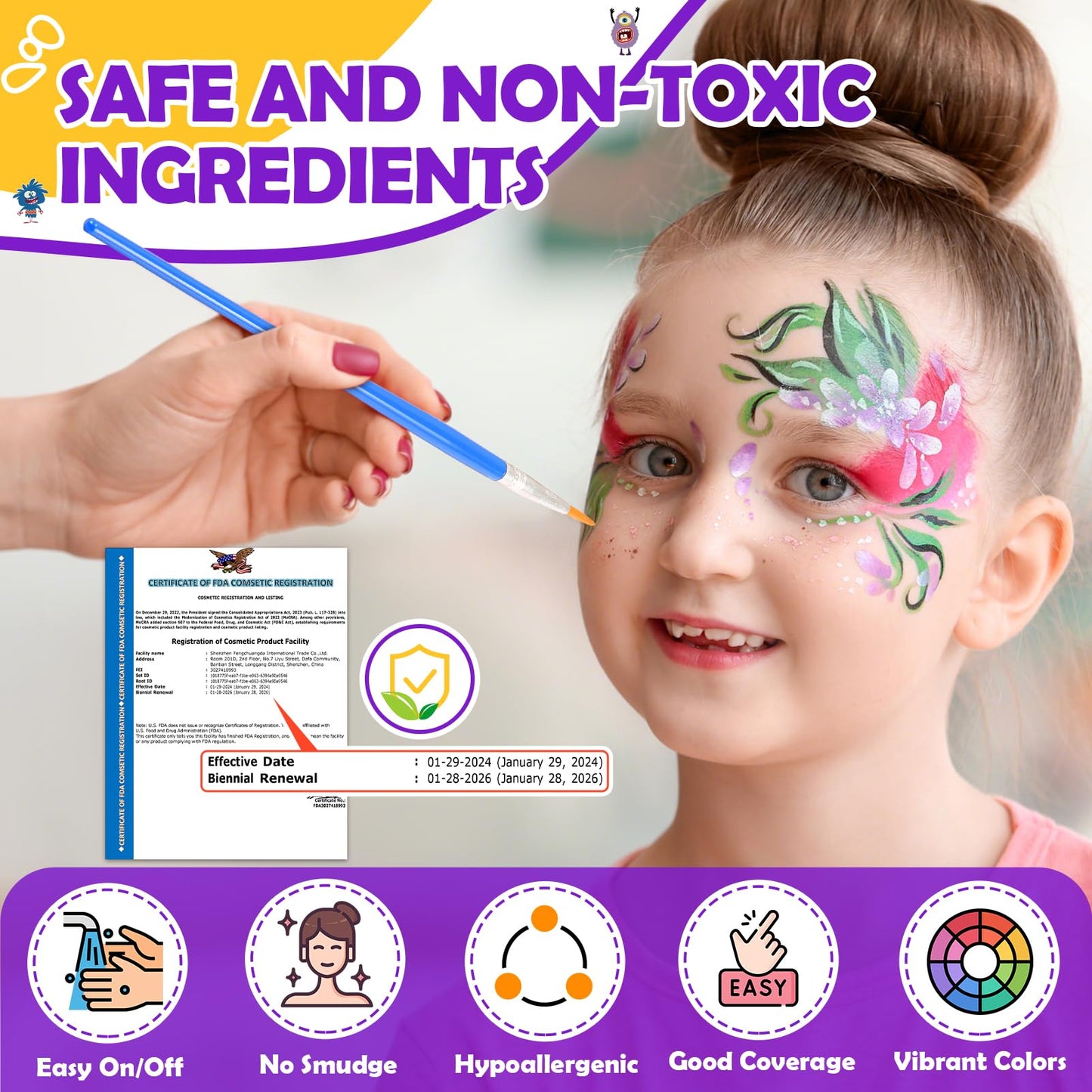 Face Painting Kit for Kids, 24 Colors Water Based Non-Toxic Face Paint with Stencils & Brushes, Professional Body Makeup Set with Guide Book, Washable Face & Body Paint for Halloween Birthday Parties