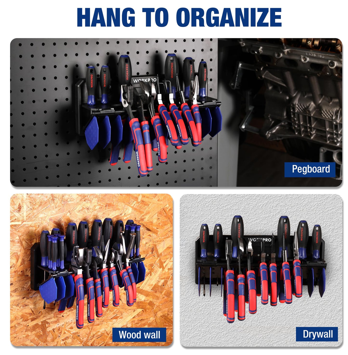 WORKPRO Plier Organizer Rack, 13.5" Foldable Tool Organizer, Wall Mount Screwdriver Organizers and Pliers Organizers, Tool Storage Rack for Screwdriver Holder and Pliers Holder (Tools not Included)