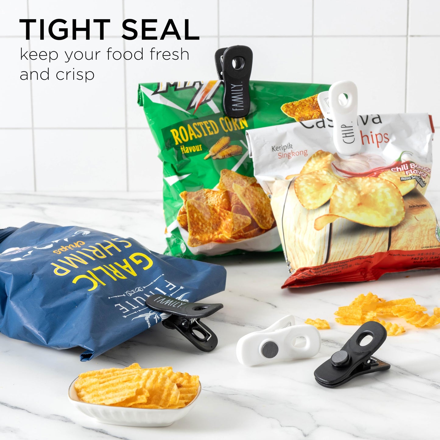 Rae Dunn Bag Clips with Magnet - Chip Clips, Food Storage with Air Tight Seal Grip for Bread, Snack and Food Bags, Pack of 20, Black and White