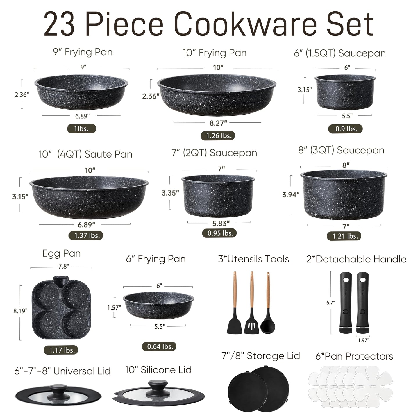 CAROTE 23pcs Pots and Pans Set Non Stick, Cookware Sets, Kitchen Set, Oven/Dishwasher/Fridge Safe, Space Saving Pots Set, Nonstick Set with Versatile Detachable Handle, Induction RV Set, Black