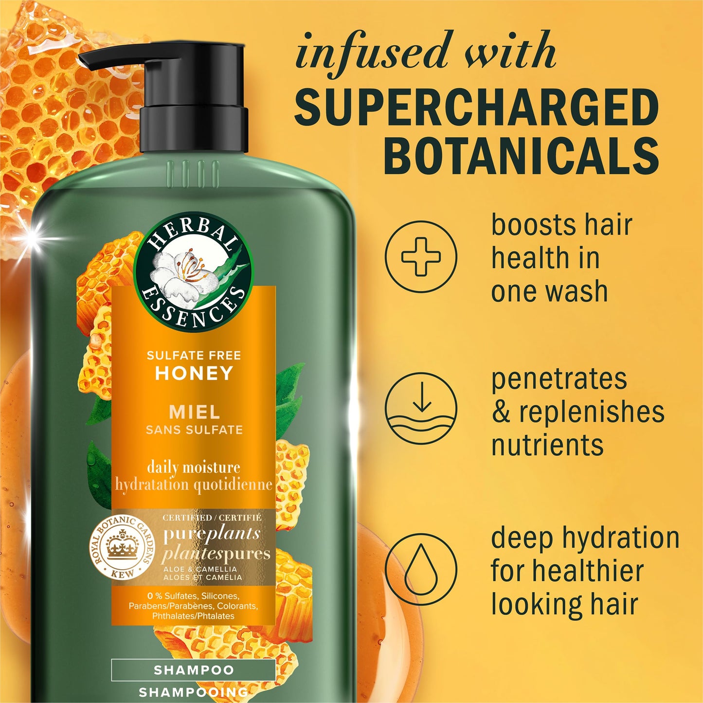 Herbal Essences Sulfate Free Shampoo with Honey for Daily Moisture, Nourishes Dry Hair, Moisturizing Shampoo with Certified Camellia Oil and Aloe Vera, Lightweight For All Hair Types, 33.8oz