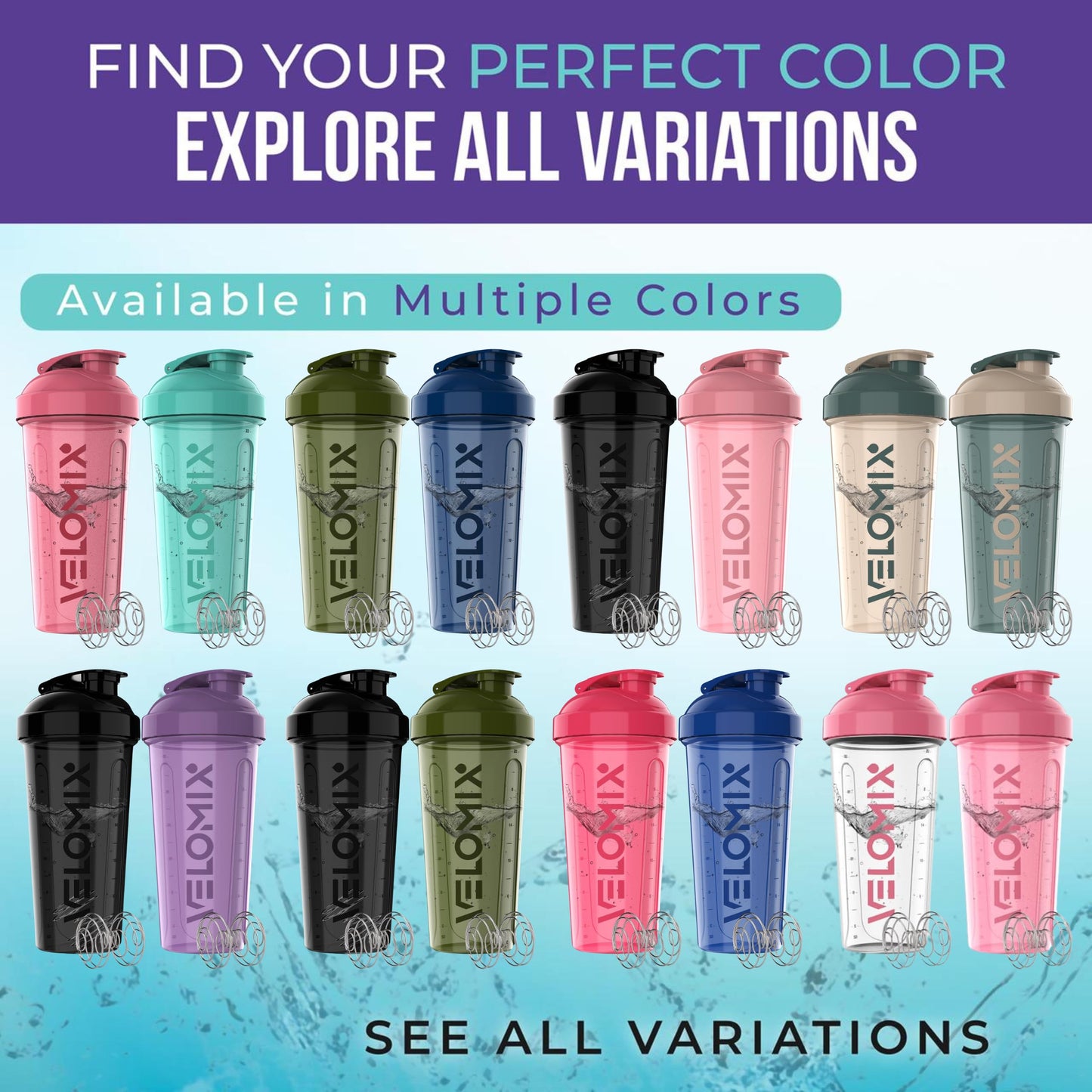 VELOMIX -2 Pack- 28 oz Protein Shaker Bottles for Protein Mixes - 2x Wire Whisk | Leak Proof Shaker Cups for Protein Shakes | Protein Shaker Bottle Pack | Shakers for Protein Shakes-Black&Transparent