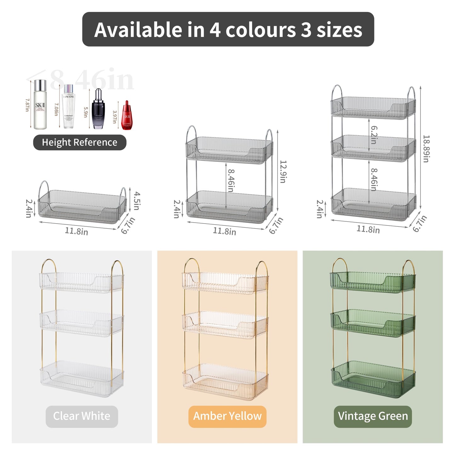 Akinbas 3 Tier Bathroom Organizer Countertop Makeup Perfume Tray Skincare Organizer for Bathroom Dresser Vanity (Grey)