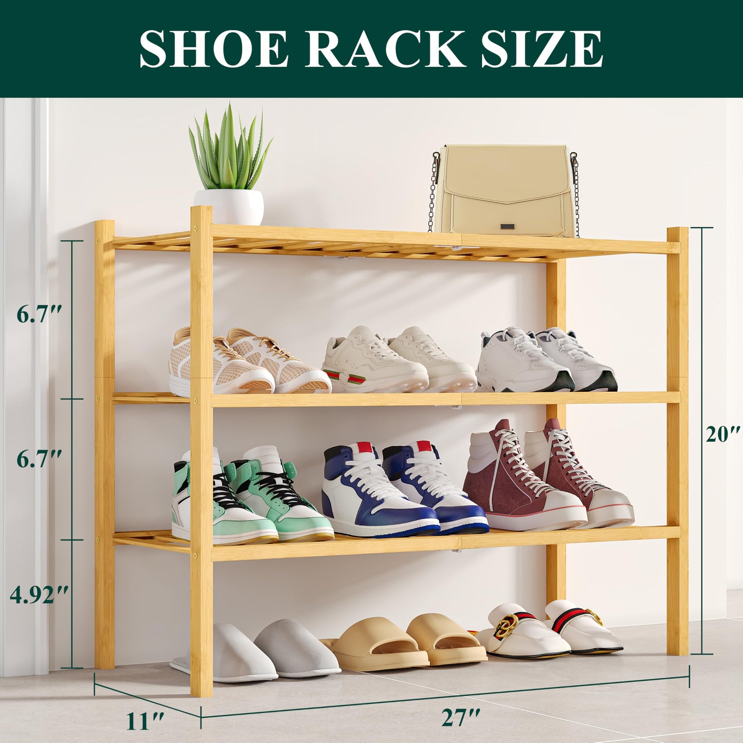Smiry Shoe Rack, 3 Tier Bamboo Shoe Organizer, Stackable Free Standing Wooden Shoe Storage Shelf for Closet, Entryway, Front Door Entrance, Natural