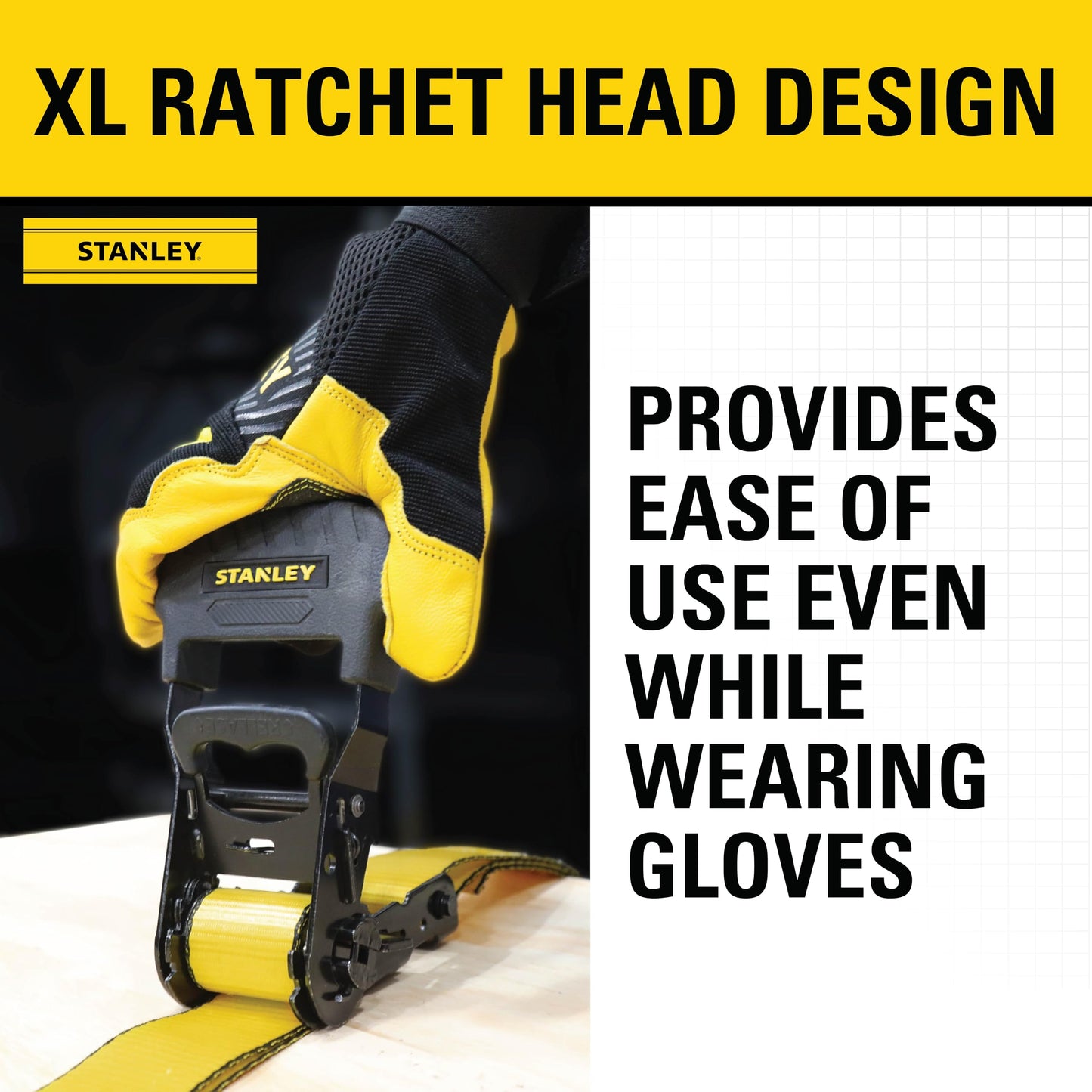 STANLEY S1007 Black/Yellow 1.5" x 16' Ratchet Tie Down Straps - 1,100 lb Safe Working Load / 3,300 lb Break Strength, 2 Pack