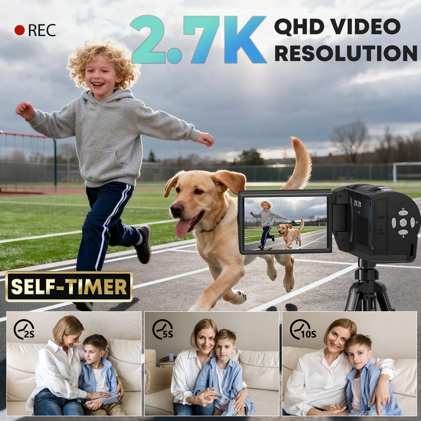 Gcasio 2.7K Video Camera Camcorder QHD 56MP YouTube Vlogging Camera Webcam 16X Digital Zoom with 32G SD Card 270 Degree Rotation Screen Camcorders and 2 Batteries Recording While Charging