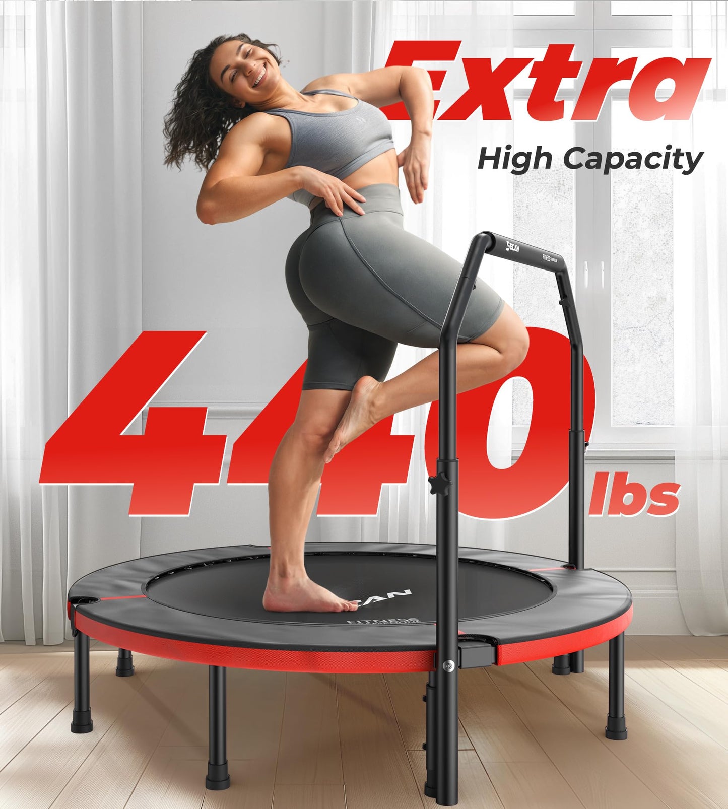 BCAN 48" Foldable Mini Trampoline, Rebounder Trampoline for Adults, Adjustable Foam Handle, Exercise Rebounder for Adults Indoor/Garden Workout, Max Load 440lbs, Red