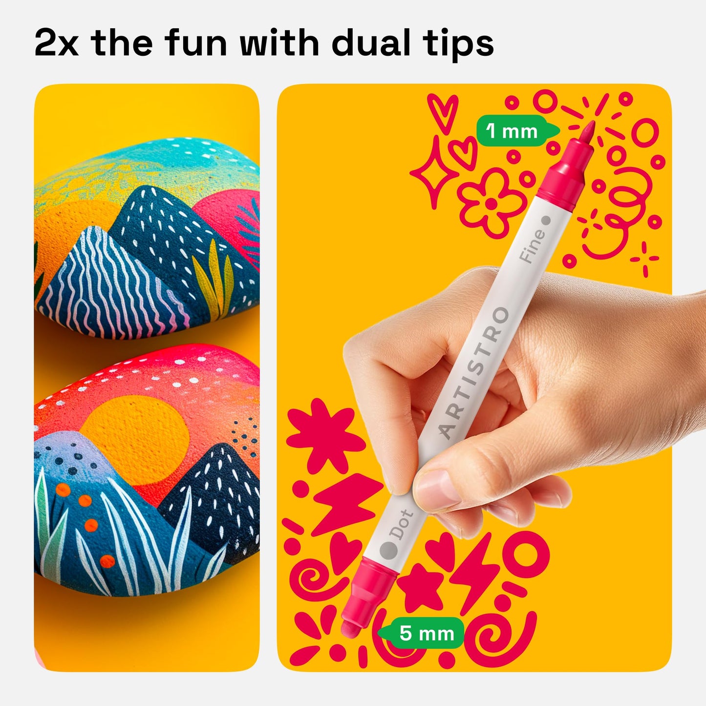 ARTISTRO Vibrant Acrylic Paint Markers for Rock, Fabric, Glass, Wood, Paper, Ceramic, Canvas & More - 24 Dual-Tip Paint Pens (Dot & Fine) - Quick Dry, Teacher Classrooms Must Have, Drawing Markers