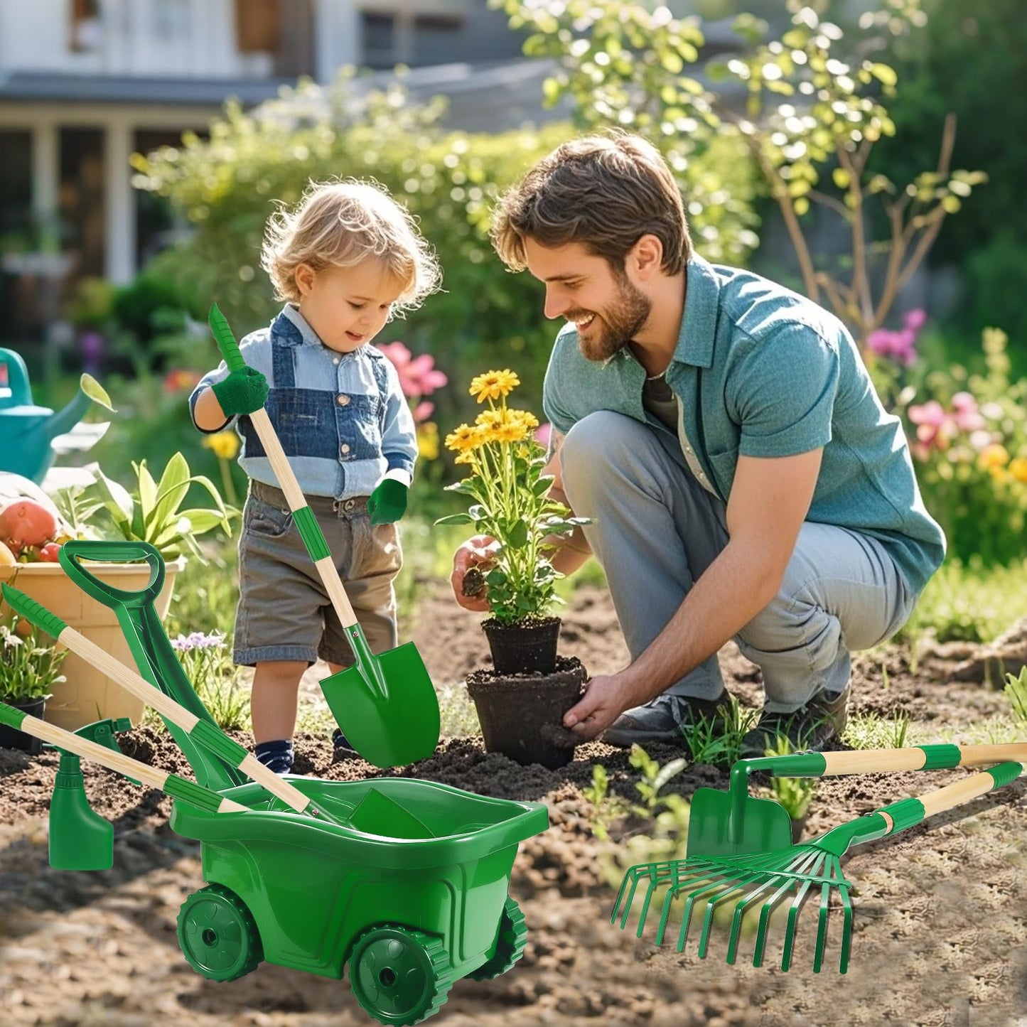 Duckura Kids Gardening Tools Set - 7pcs Wheelbarrow Set for Kids with Shovel, Rake, Leaf Rake, Summer Outdoor Yard Digging Weed Toys, Easter Birthday Gifts for Boys Girls Age 3 4 5 Years Old(Green)