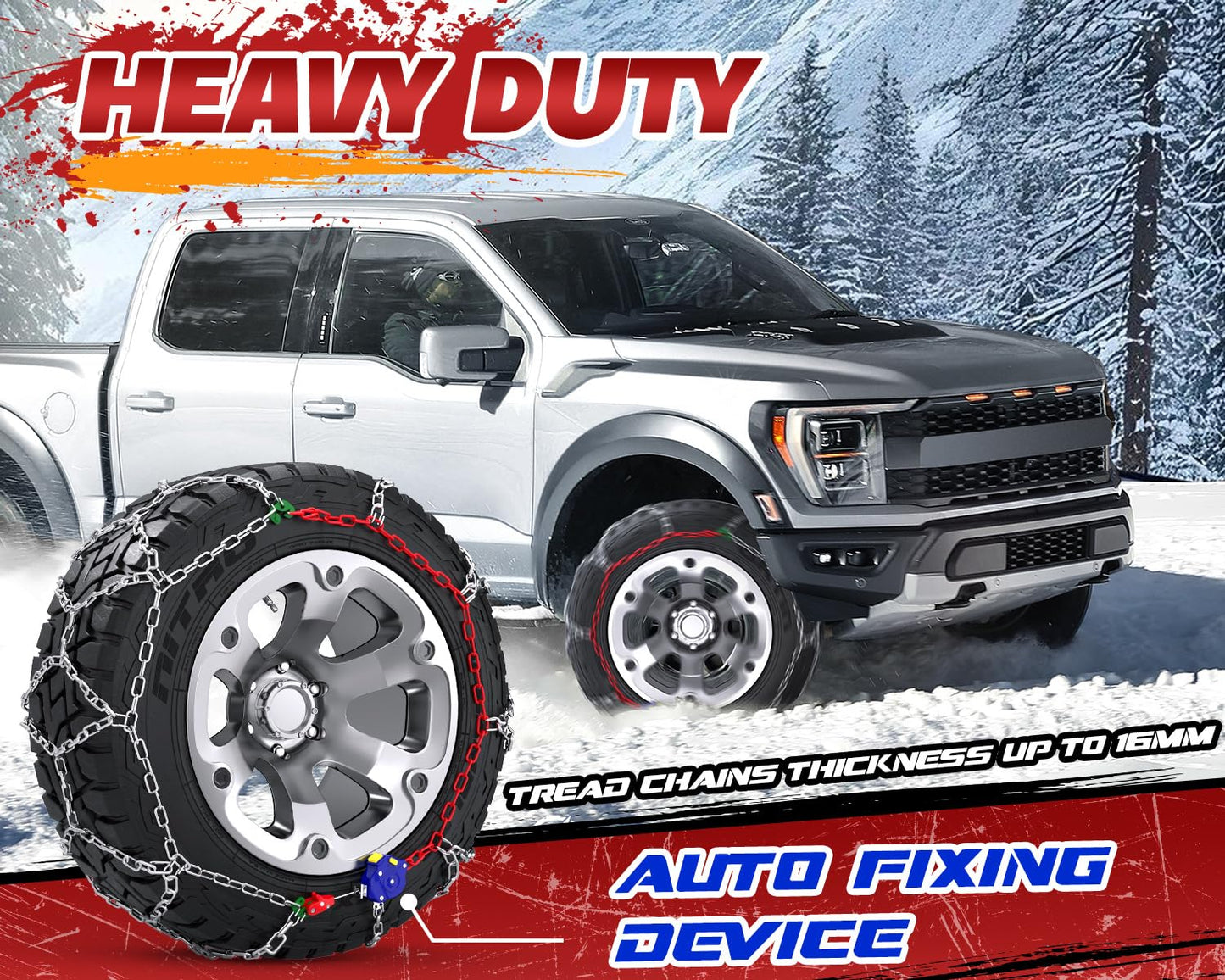 Snow-Chains Auto Fixing 1 Min Quick Installation Tire-Chains, Heavy-Duty Emergency Tire Traction Chain for Pickup Trucks and Off-road SUV Car Tires 285 295 305 315 325 - Set of 2 (HYR-D)