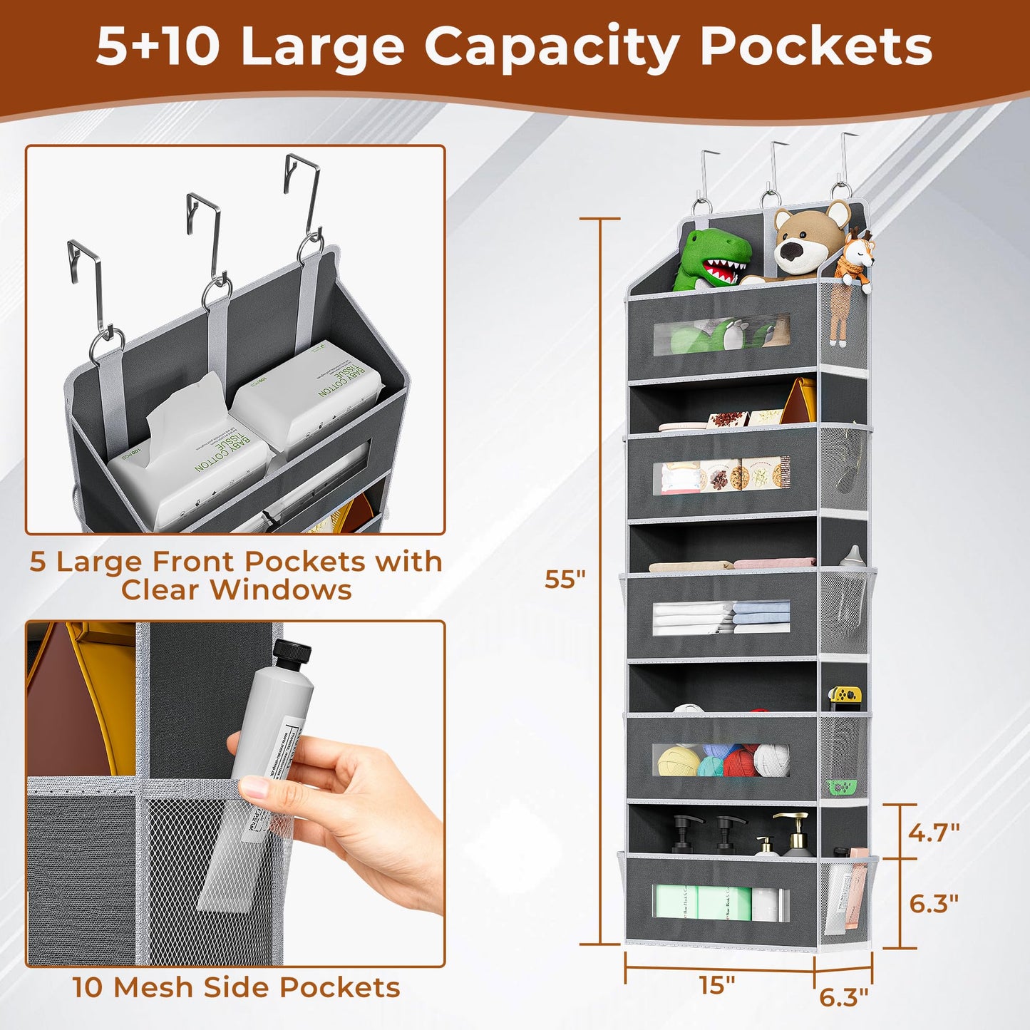 2 Packs 5-Tier Over the Door Organizer with 10 Side Mesh Pockets, 48 lbs Load Capacity, 3 Hooks Design, Hanging Storage Organizer with Clear Windows for Bathroom, Bedroom, Nursery, Kitchen-Grey