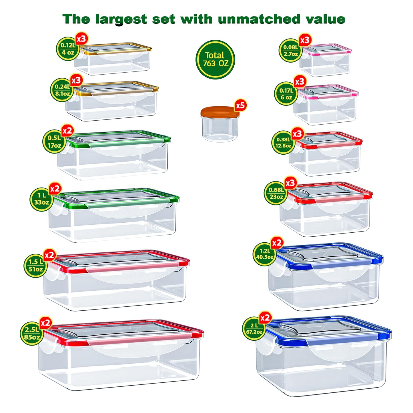 70 Pcs Large Food Storage Containers with Lids Airtight-2500ML to Small Box,Total 22812 ML Stackable Kitchen Bowls Set(35 Containers,35 Lids)-BPA Free Leak proof Plastic Boxes-Microwave safe