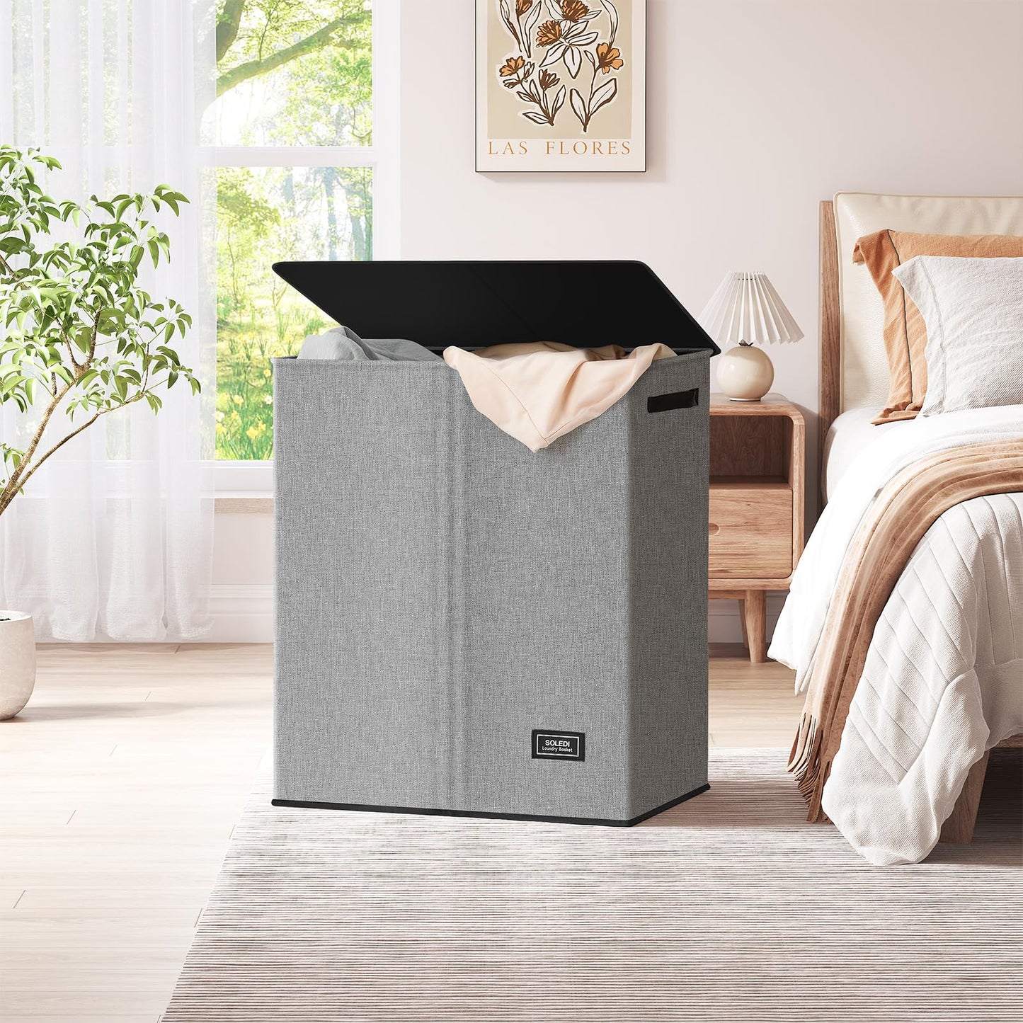 SOLEDI Double Laundry Hamper with Lid and Removable bag, Large Laundry Basket 2 Section with handles, Collapsible Dirty Clothes Hampers for Laundry, Bedroom, Dorm, College