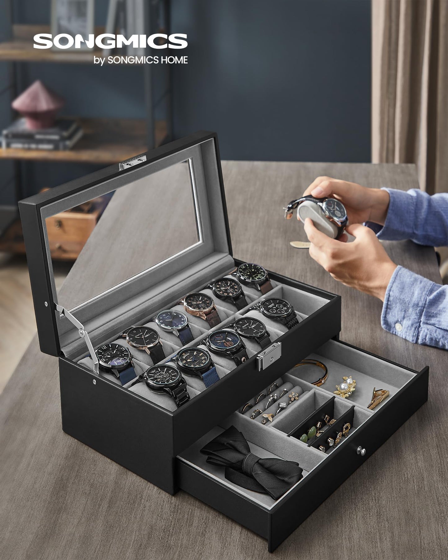 SONGMICS 12-Slot Watch Box, Lockable Watch Case with Glass Lid, 2 Layers, with 1 Drawer for Rings, Bracelets, Gift Idea, Black Synthetic Leather, Gray Lining UJWB012