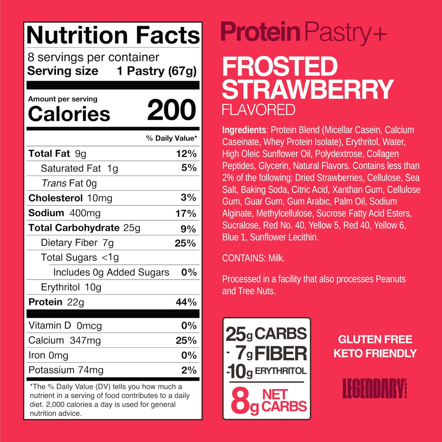 Legendary Foods 22g Protein Pastry+ Strawberry Low Carb Meal Replacement Bar, Low Glycemic, Gluten Free Protien Snacks - Healthy Keto Snack Box, 8x Zero Sugar Energy Bars - Bariatric Diabetic Friendly