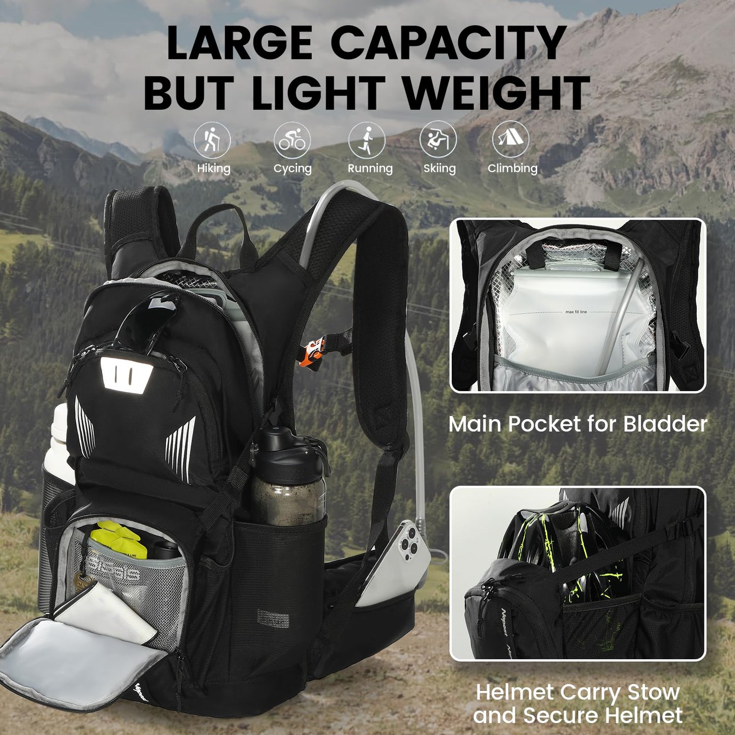 Nepest Hydration Backpack for Hiking, Water Backpack with 3L Water Bladder, 18L Lightweight Day Pack for Cycling, Black
