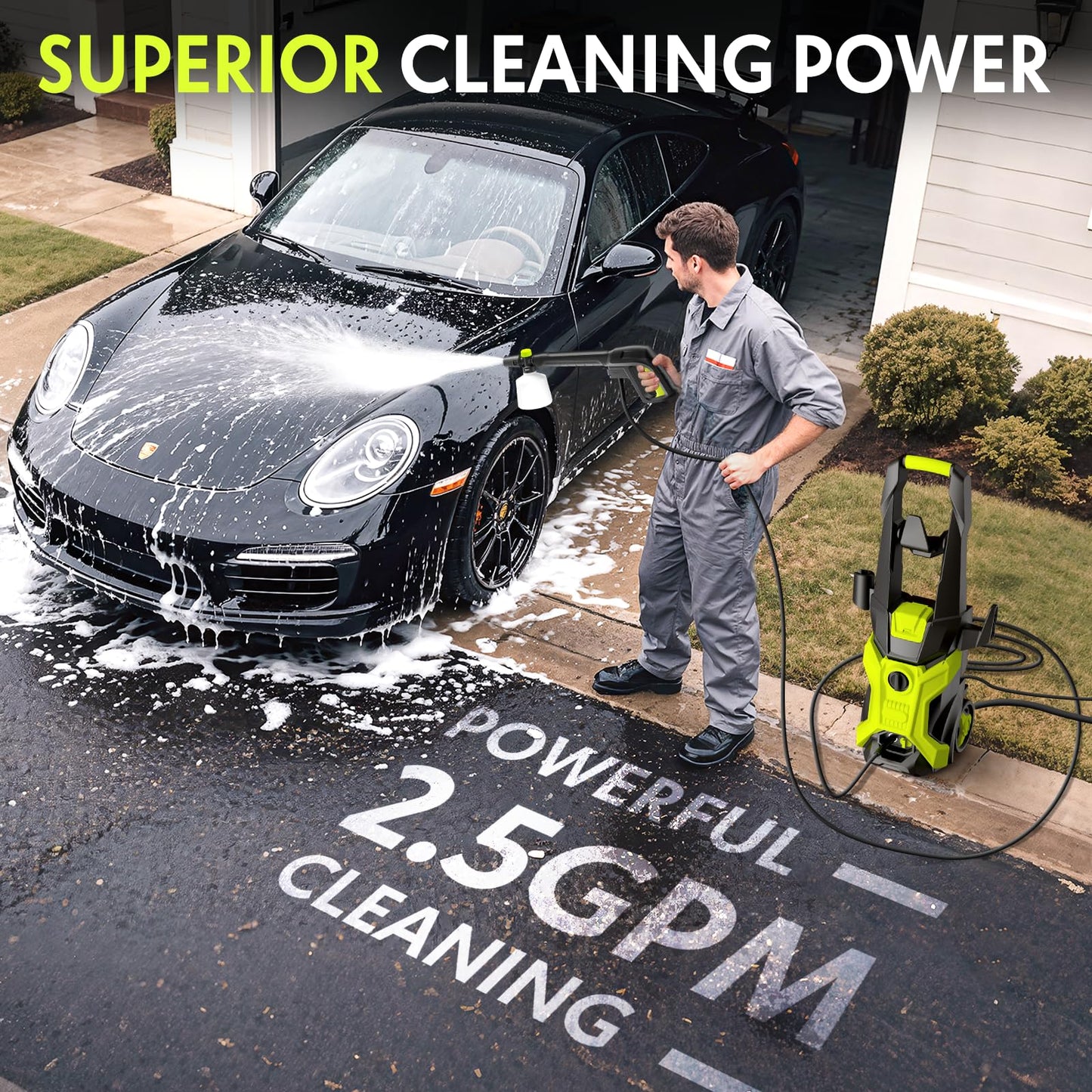 Electric Pressure Washer - 2.5 GPM Portable Lightweight Power Washer, 4 Quick-Connect Nozzles & Adjustable Soap Tank Pressure Washers for Cars, Driveways, Patios, Fences, Decks, Facade, Home Cleaning