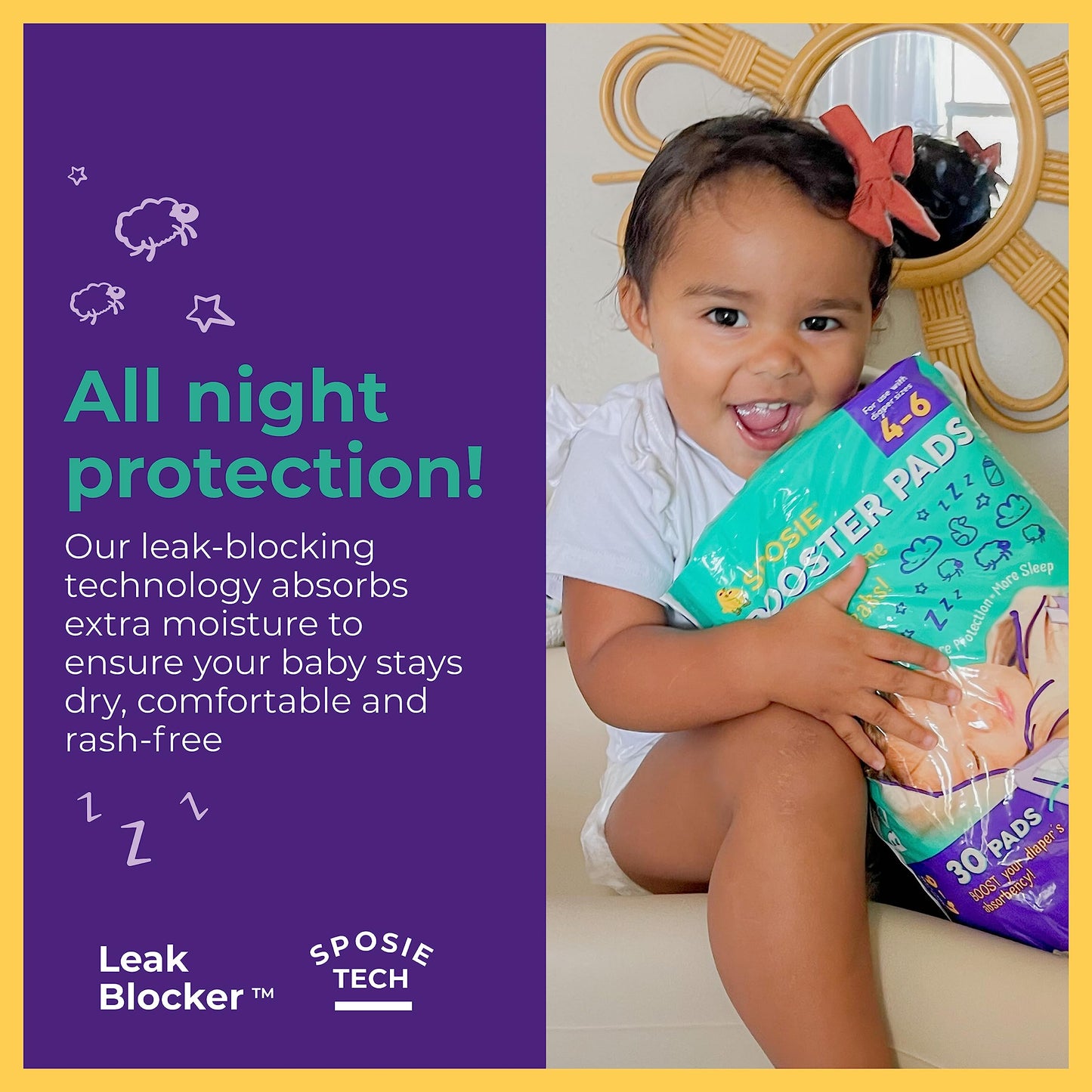 Sposie Overnight Diaper Booster Pads, 90 ct, No Adhesive for Easy Repositioning, Helps Stops Nighttime Leaks, Fits Diaper Sizes 4-6
