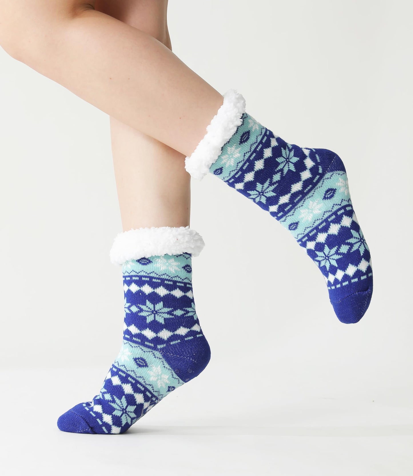 Fluffy Thermal Sherpa Socks, 3 Pairs for Women, Ultra Soft Slipper Christmas Winter Non Skid (Fair Isle D)