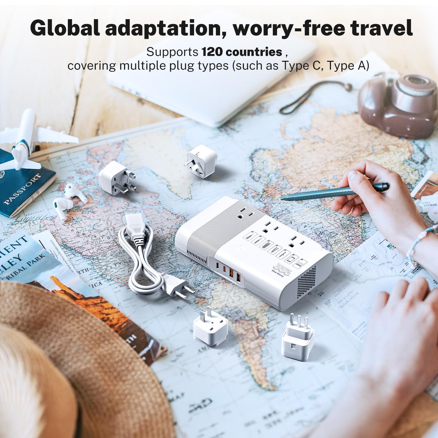 DOACE 500W Universal Travel Adapter 220V to 110V Voltage Converter, Pure Sine Wave European Travel Plug Adapter Converter, Transformer for US to Most Europe,UK/AU/EU/IT with 3 US Outlets & 4 USB