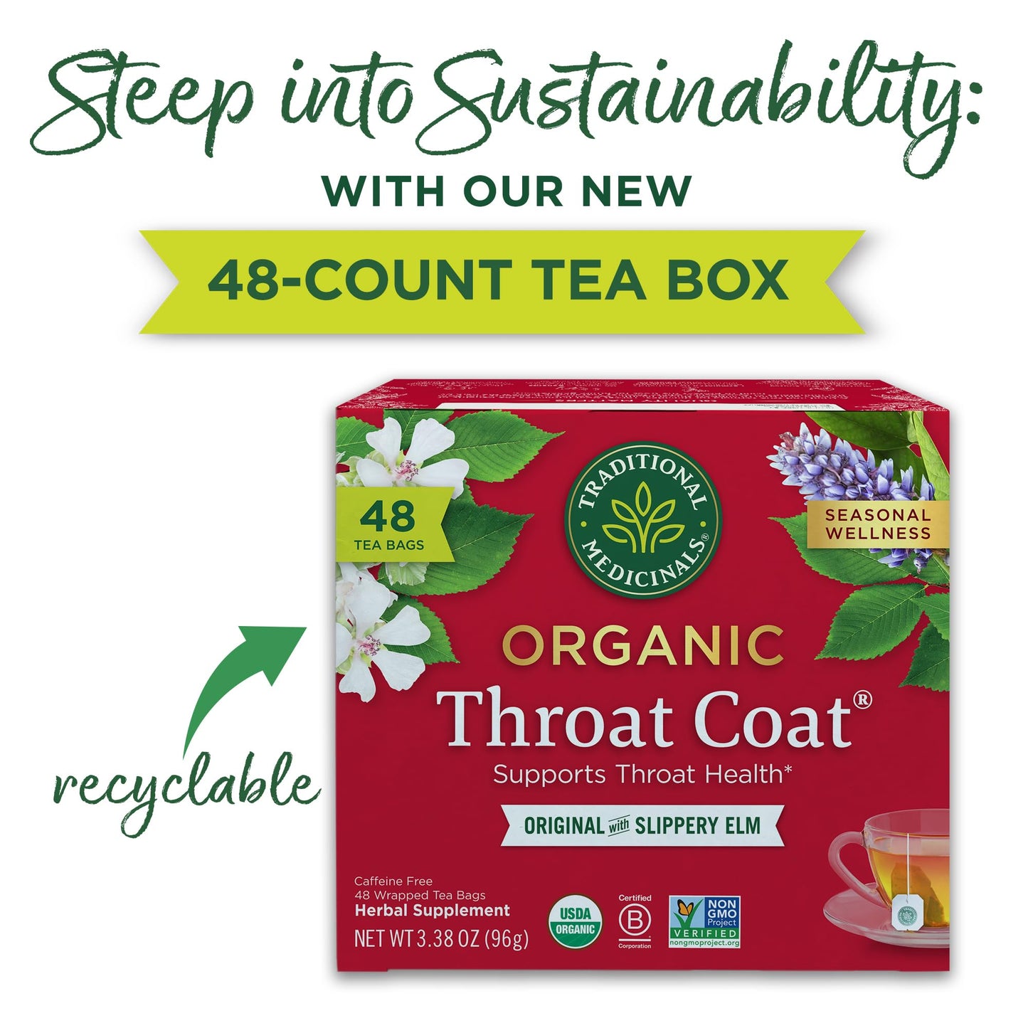 Traditional Medicinals Tea, Organic Throat Coat, Supports Throat Health, 48 Tea Bags