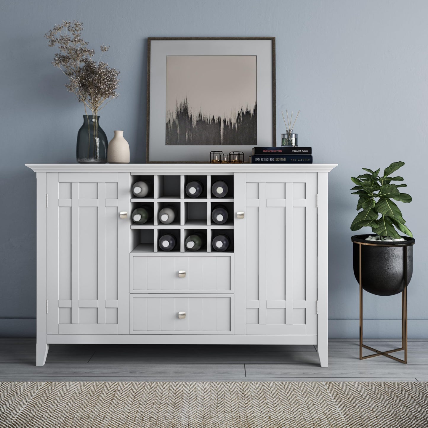 SIMPLIHOME Bedford Buffet - 54 inch Wide Solid Wood 3-Door Sideboard Buffet with Wine Rack in White, Transitional Cabinet for Dining Room or Kitchen with Adjustable Shelves