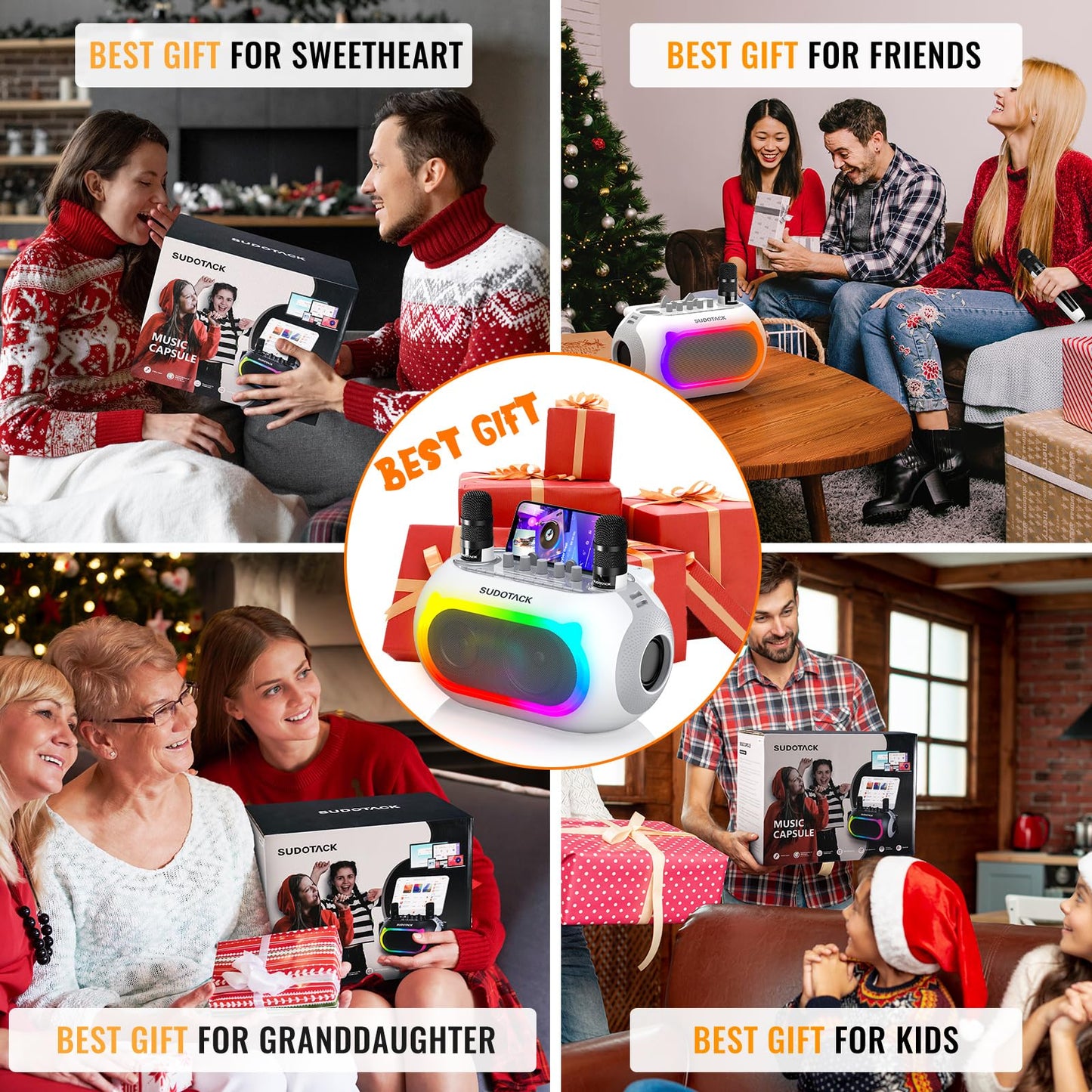 SUDOTACK Karaoke Machine for Adults Kids with 2 Wireless Microphones, Bluetooth PA Speaker System with Echo/Bass/Treble Adjustment for Home Party, Outdoor, Church, Picnic, Birthday Gifts (White)