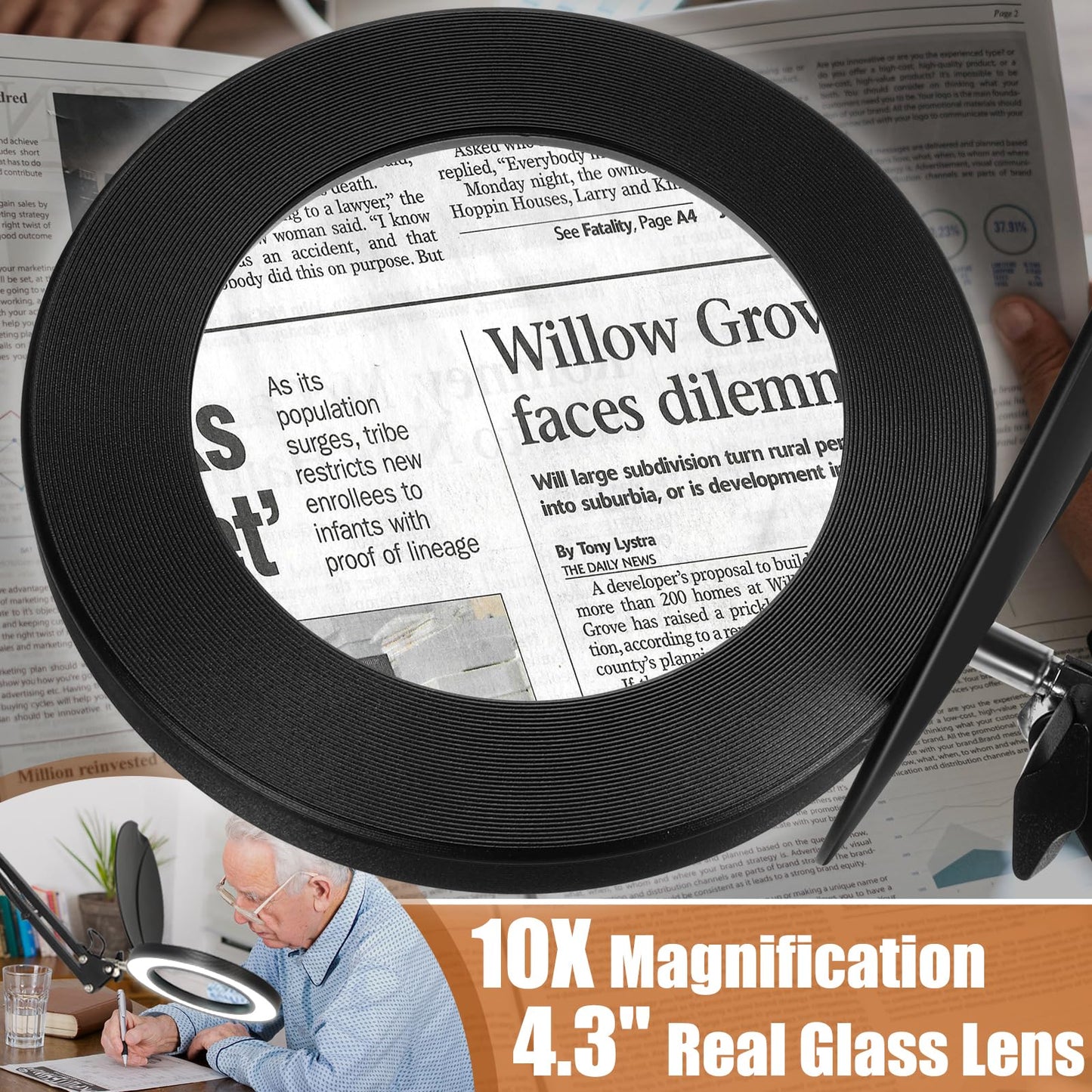 Veemagni 10X Magnifying Glass with Light and Stand, 2-in-1 LED Magnifying Desk Lamp with Clamp & Lens Cover, 3 Color Modes Stepless Dimmable Hands Free Lighted Magnifier for Crafts Reading Painting