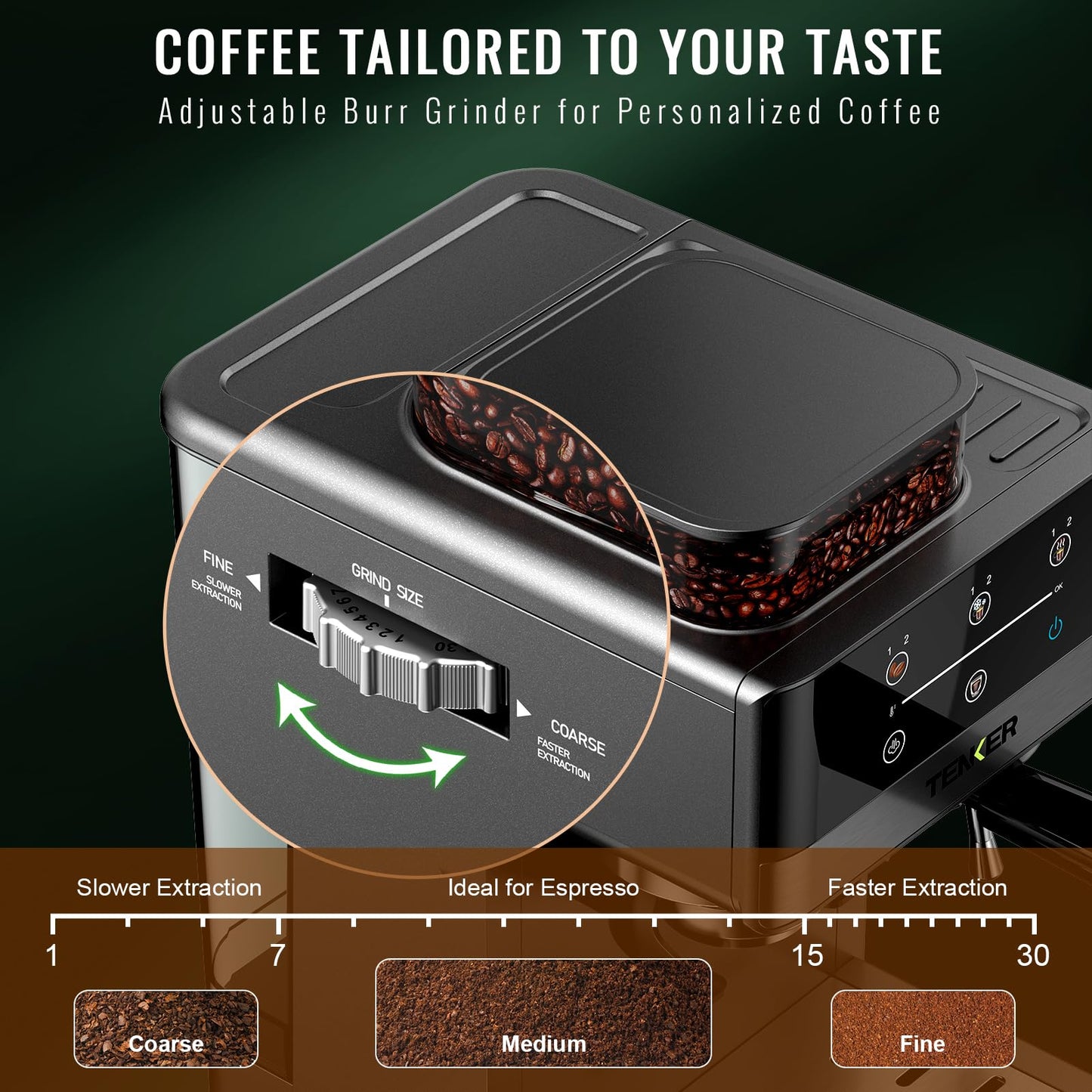 TENKER Espresso Machine with Grinder, 20 Bar Coffee Machine with Milk Frother for Home, All-in-One Stainless Steel Coffee Maker to Make Latte, Cappuccino, Hot or Cold Brew Iced Coffee