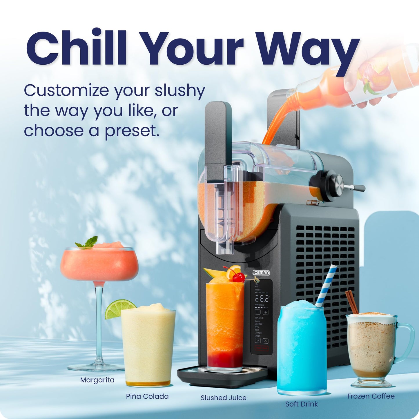 Iceman Slush-Ease Slushie Machine, Frozen Drink Maker & Slushy Machine with 5 Presets + Custom Option, Easy-Dispensing Lever for Frozen Margaritas, Frappes, and Slushies - Black