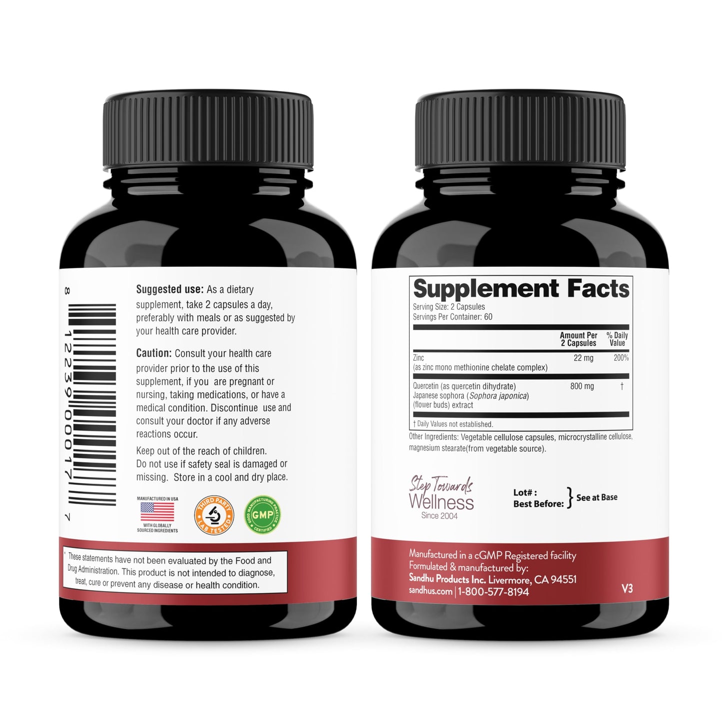 Sandhu's Zinc Quercetin 120 Vegetarian Capsules (Pack of 1) | Zinc Supplements for Antioxidant Immune Support for Men and Women | Gluten, Soy, Dairy Free