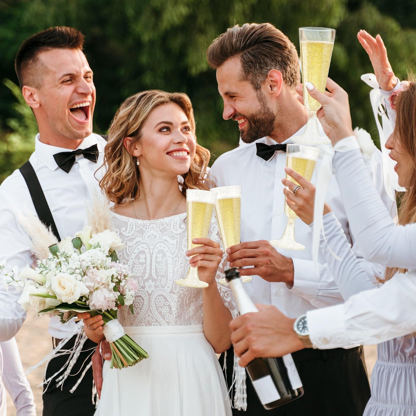 SUREHOME Champagne Flutes Plastic 40 Pack Gold Glitter Champagne Glasses Disposable Mimosa Glasses 5.5 Oz Sparkle Clear Acrylic Wedding Toasting Glasses Bulk for Party Bar Accessories Cocktail Cups