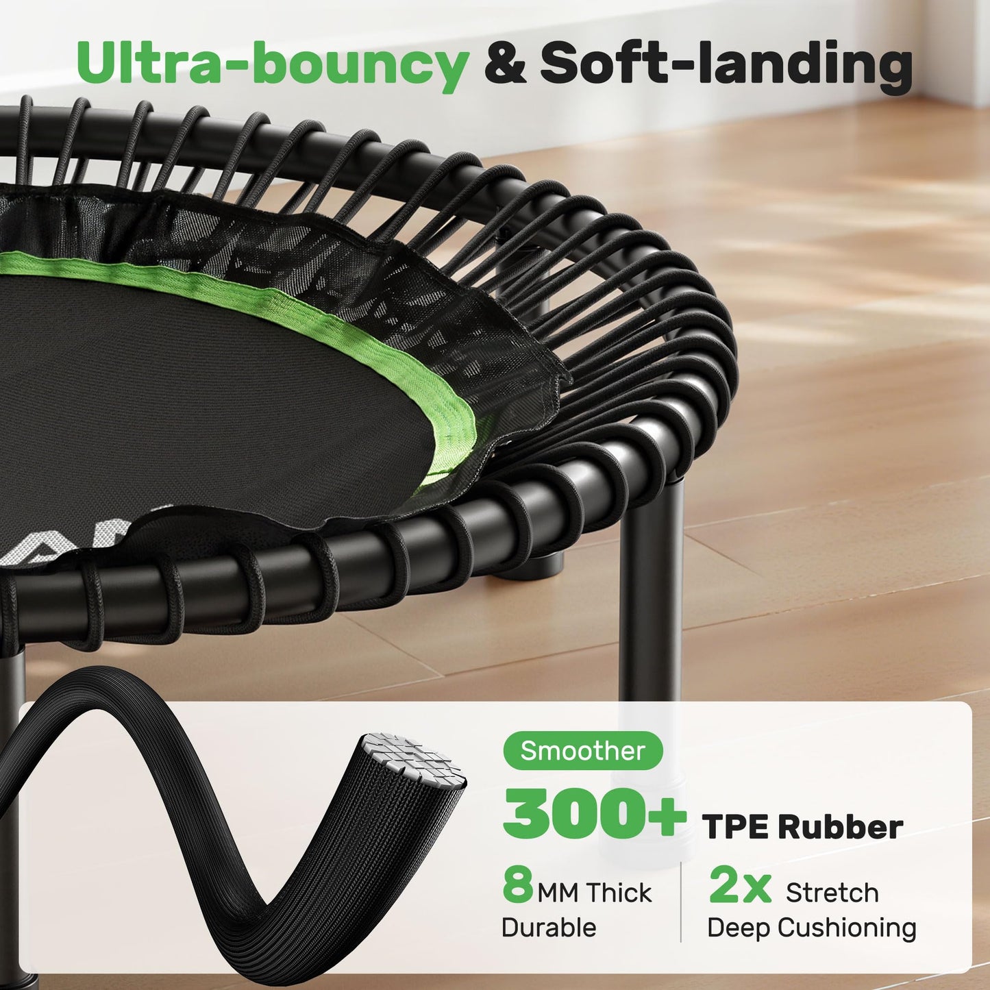 BCAN Adult Mini Trampoline, 40" Fitness Trampoline with Bungees, U Shape Adjustable Foam Handle, Stable & Quiet, Indoor Outdoor Workout-Green