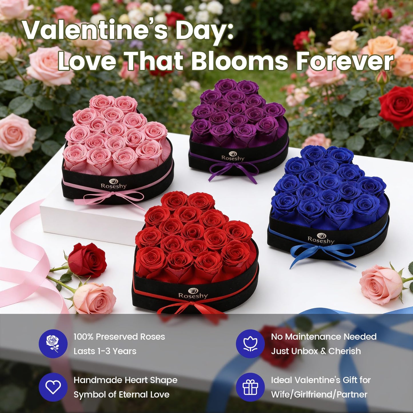 Valentines Day Flowers Roses Gifts for Her,16pcs BlueForever Preserved Roses in Heart Shape Gift Box,Valentines Day Delivery Prime Gifts-Roses Gifts for Women,Mom.