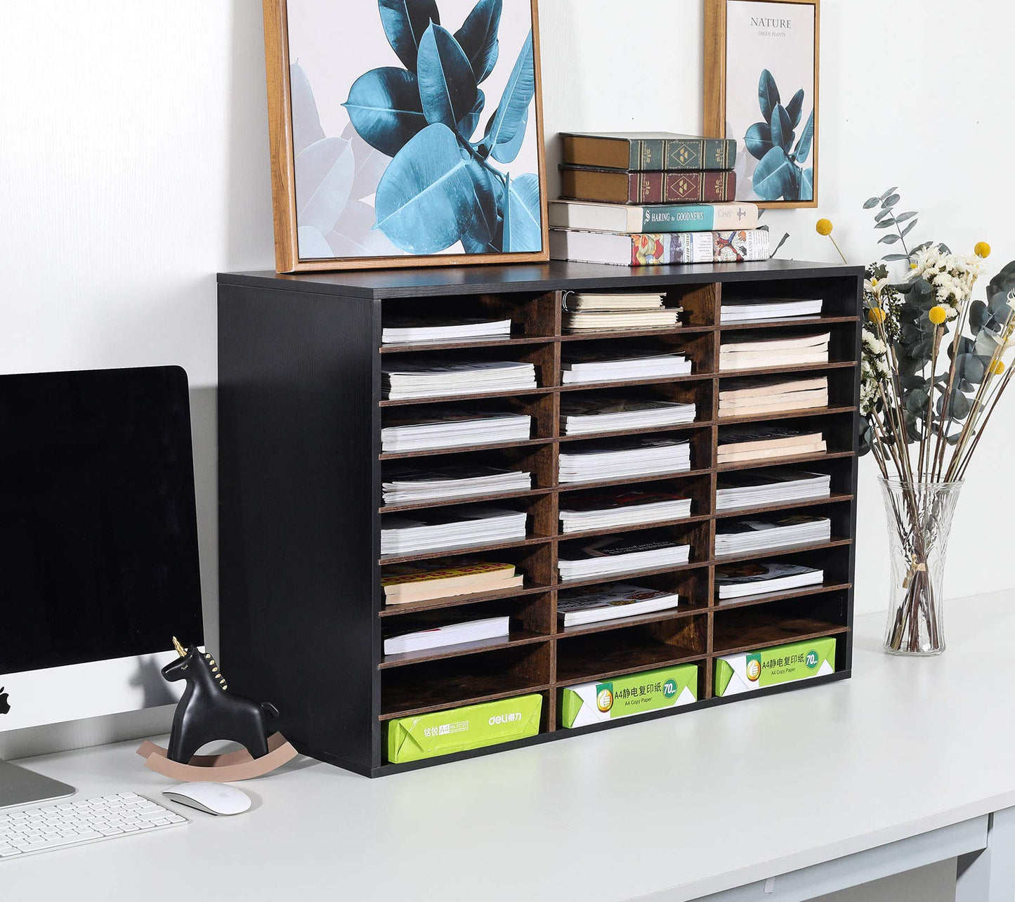 TQVAI Wood Literature Organizer, 27 Slots Hold 13500 Sheets A4 Papers, Wooden Desk File Paper Storage Organizer with Adjustable Shelves, Mailbox Cubbies for Office Home Classroom, Black/Archaize