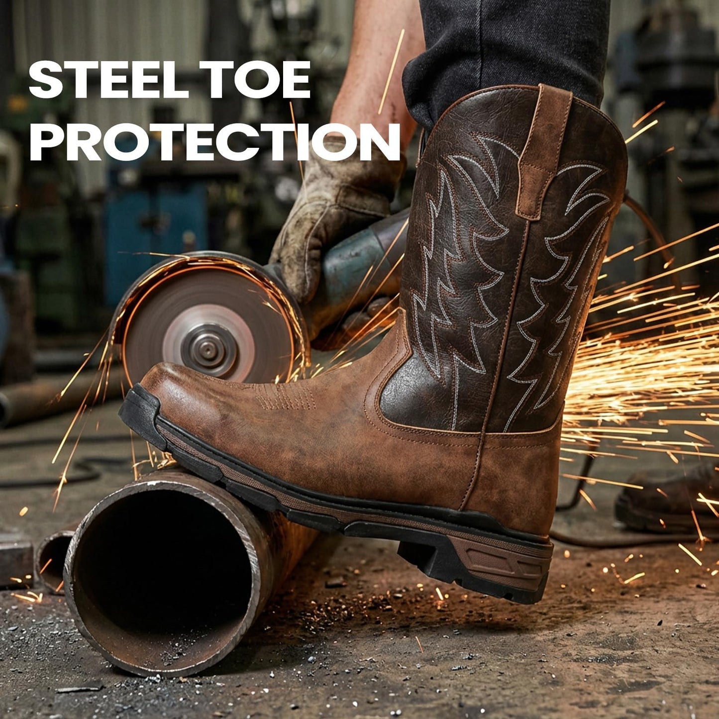 ANGRYRAM Cowboy Work Boots for Men Square Toe Leather Western Boot Slip Resistant Indestructable Steel Toe Safety Boots for Men Work-Man Pro Series
