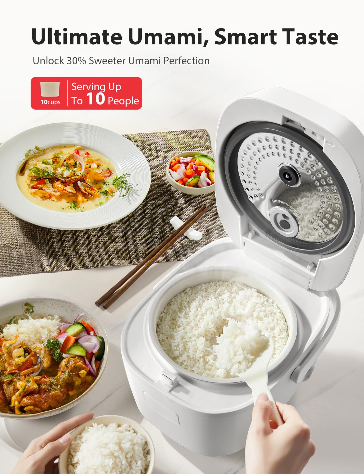 TOSHIBA Umami Smart Rice Cooker 10-Cup Uncooked, Fuzzy Logic, 15-in-1 Functions, Digital Display, Delay Timer, Keep Warm, Nonstick Inner Pot, White