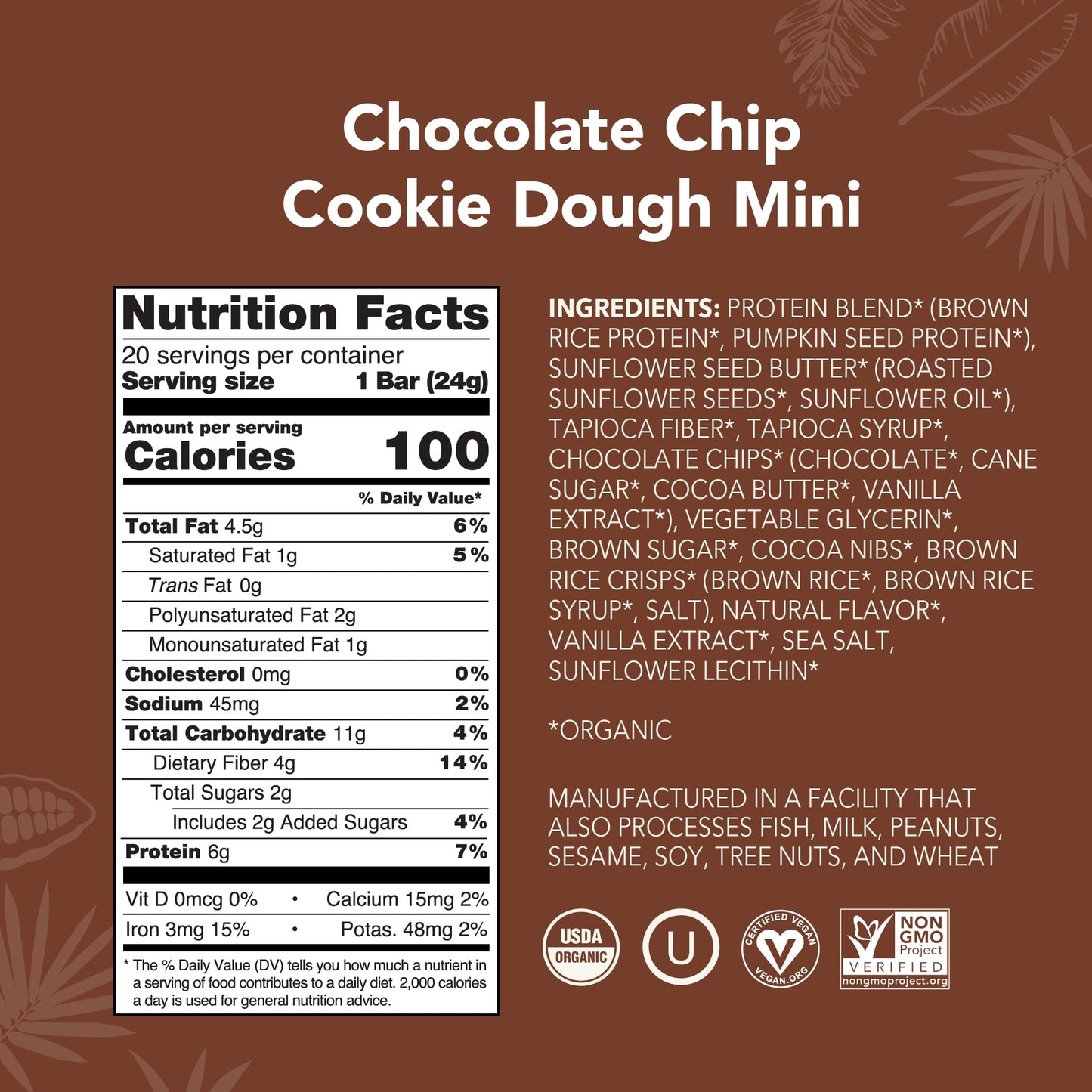 ALOHA Organic Plant Based Protein Bar MINIS |Chocolate Chip Cookie Dough| 20 Count, 24g Bars | Vegan, Low Sugar, Gluten Free, Paleo, Low Carb, Non-GMO, Stevia Free, Soy Free, No Sugar Alcohols